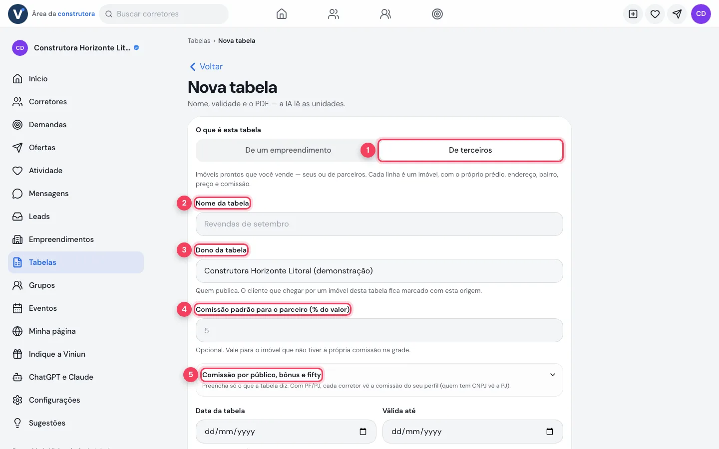 Nova tabela do tipo De terceiros