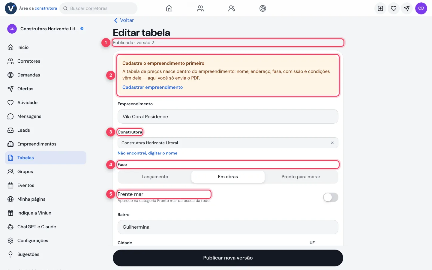 Editar tabela com versão, construtora e fase