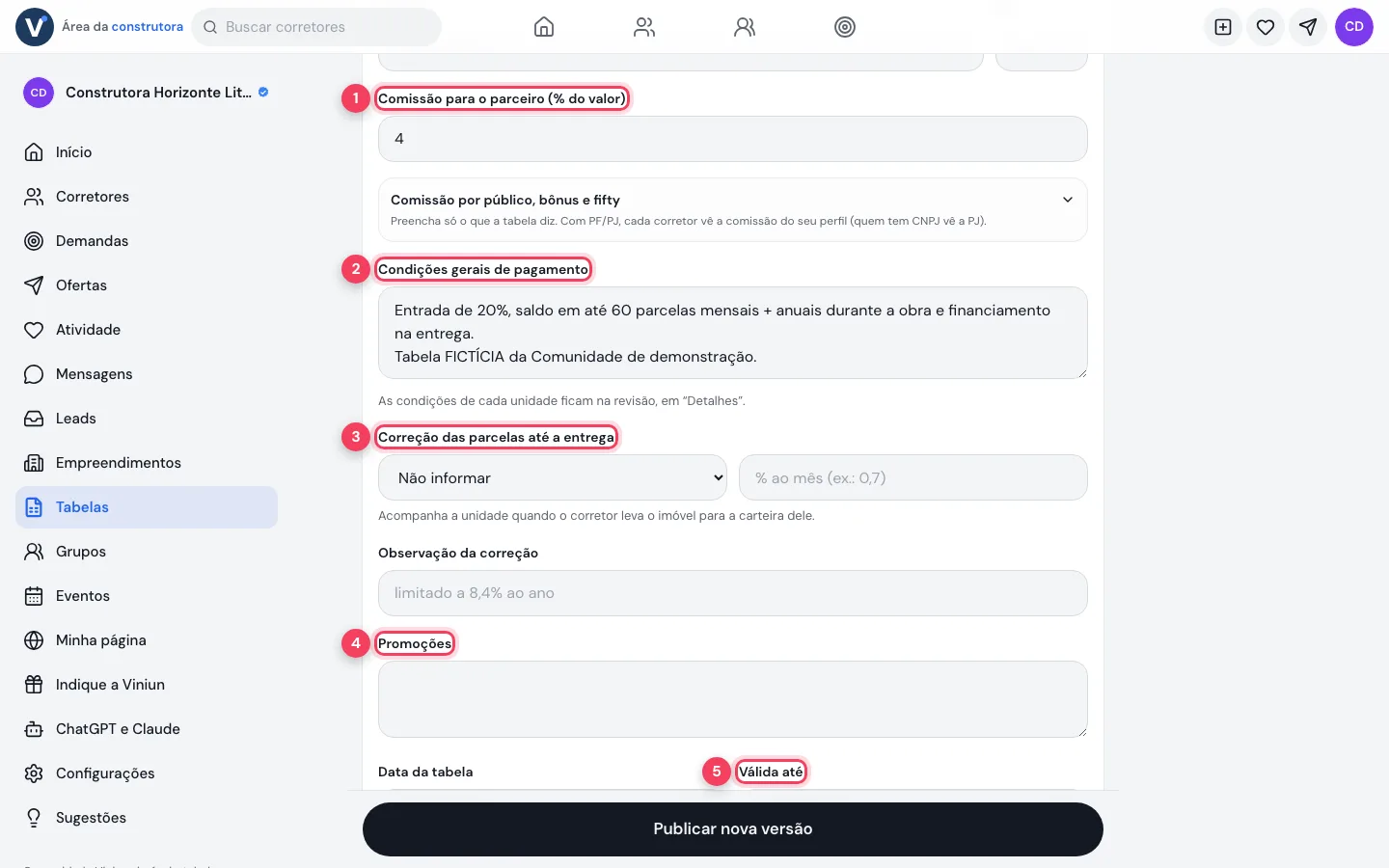 Comissão, condições, correção e validade da tabela