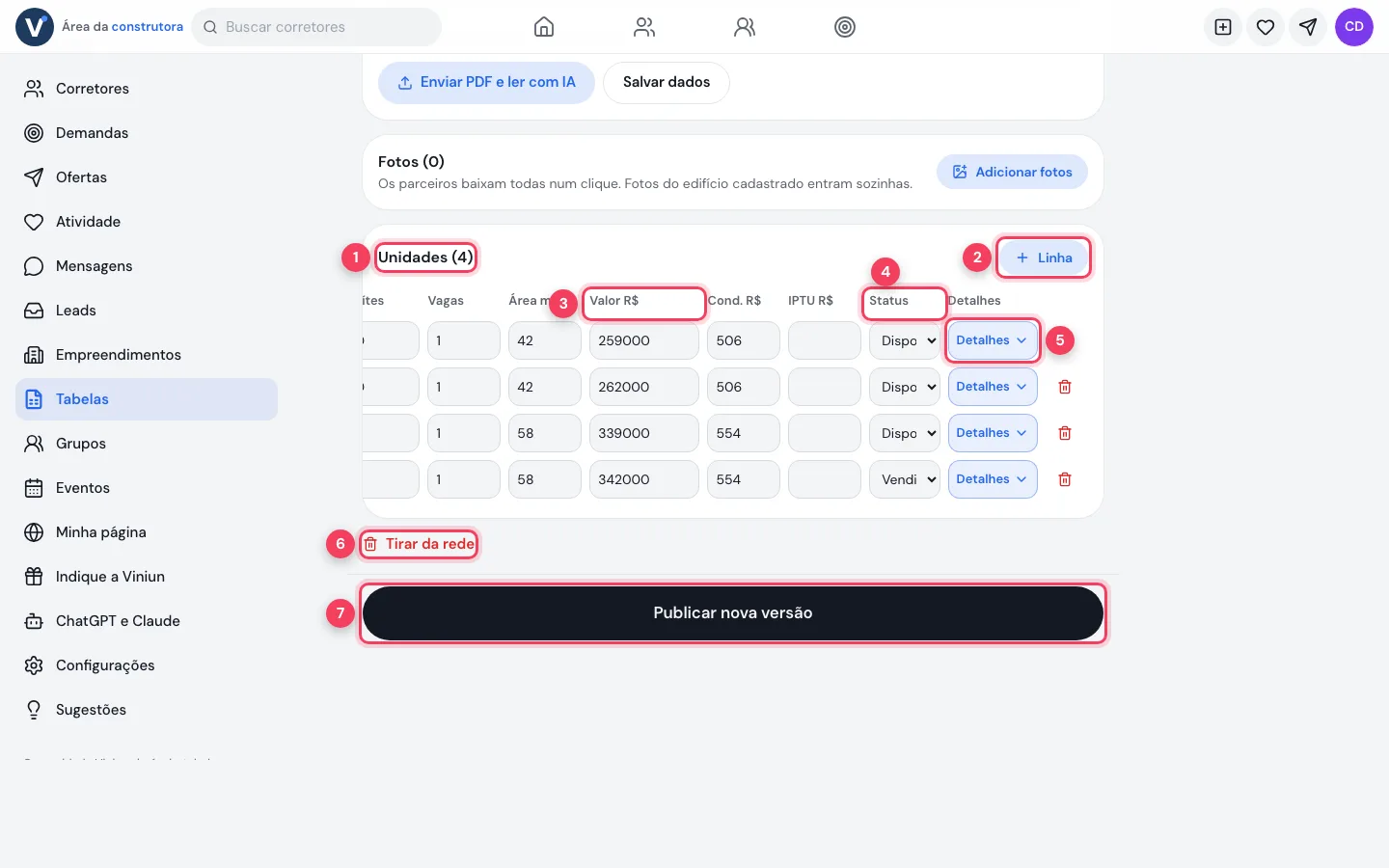 Grade de unidades da tabela no editor
