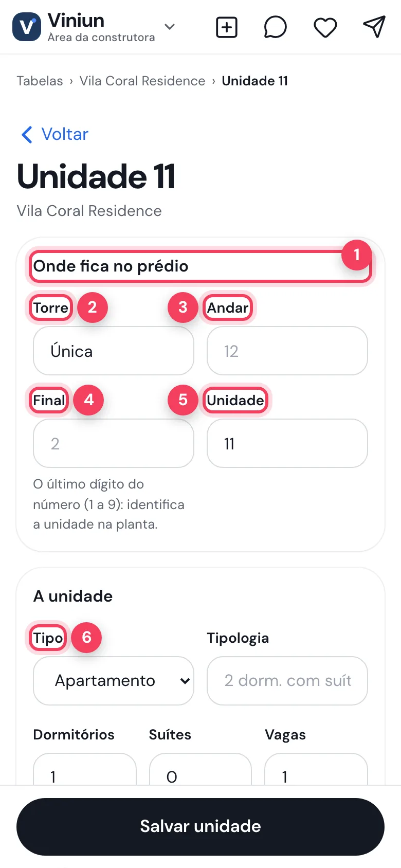 Editor da unidade no celular