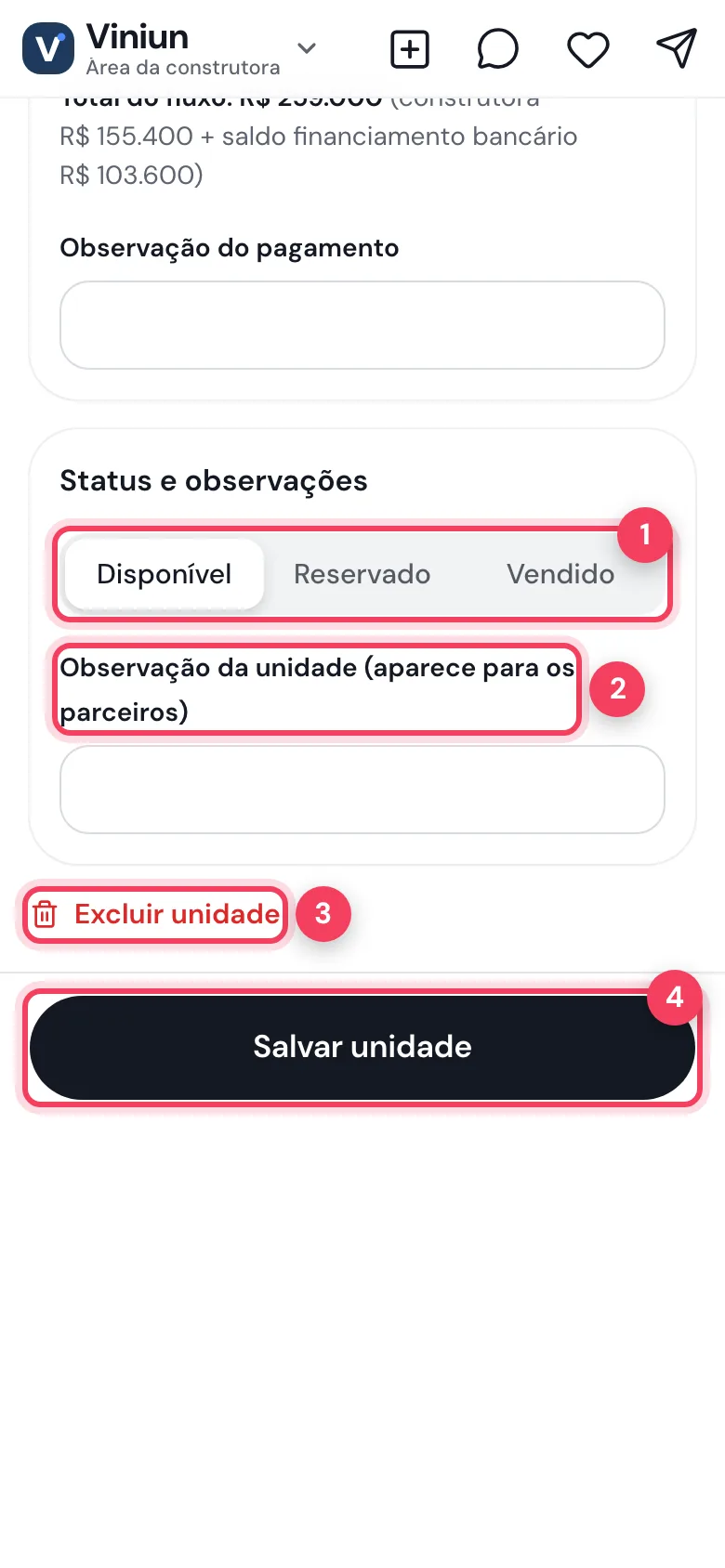 Status e Salvar unidade no celular