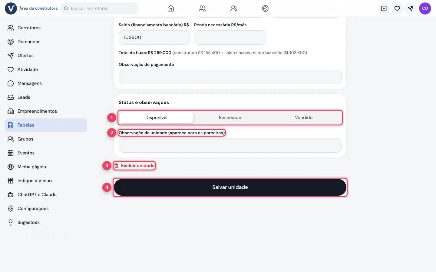 Status, observação e Salvar unidade