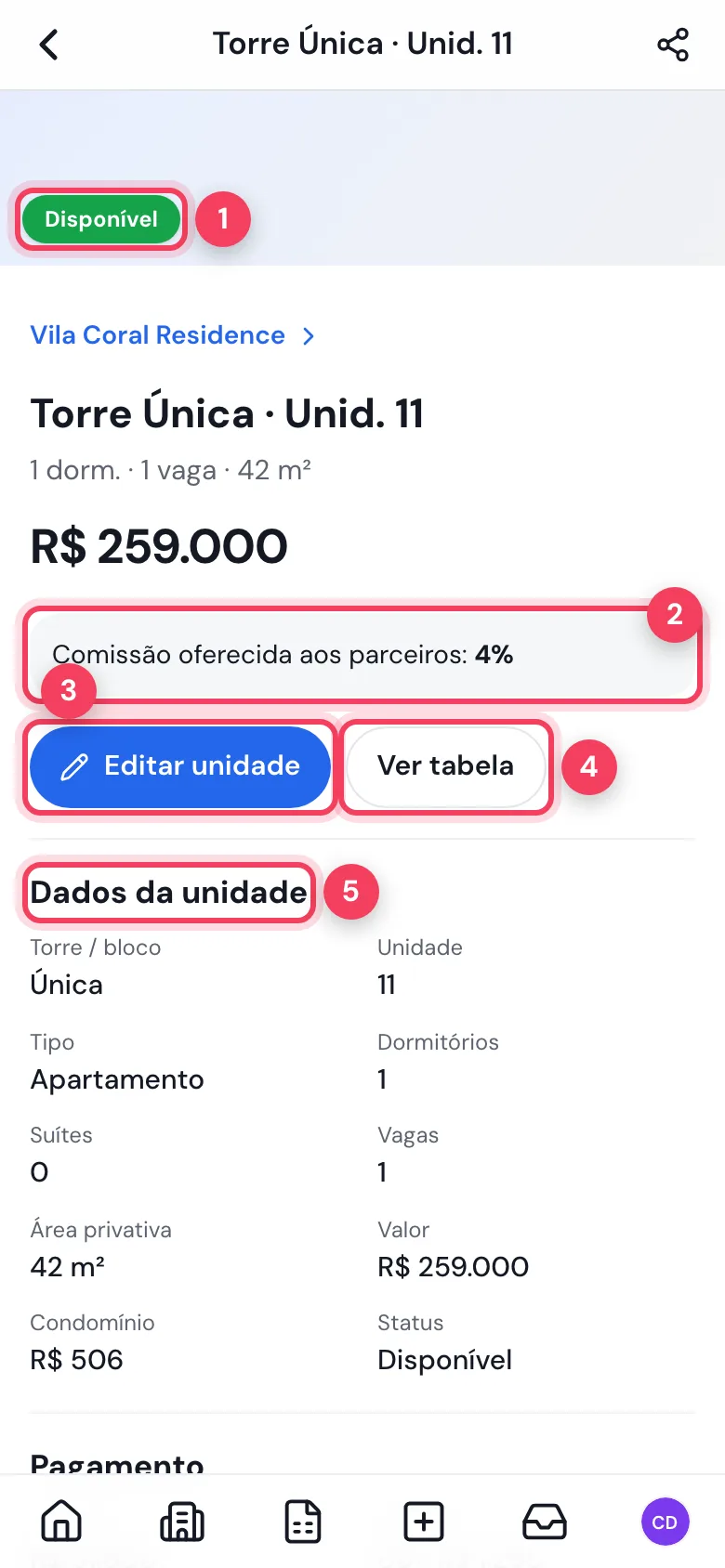 Página da unidade no celular