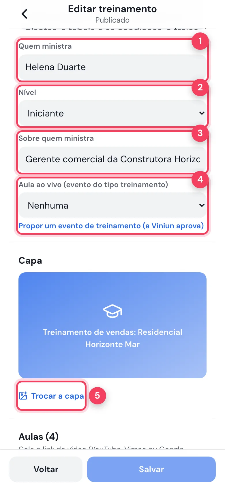 Campos Quem ministra, Nível, Sobre quem ministra, Aula ao vivo e o botão Trocar a capa