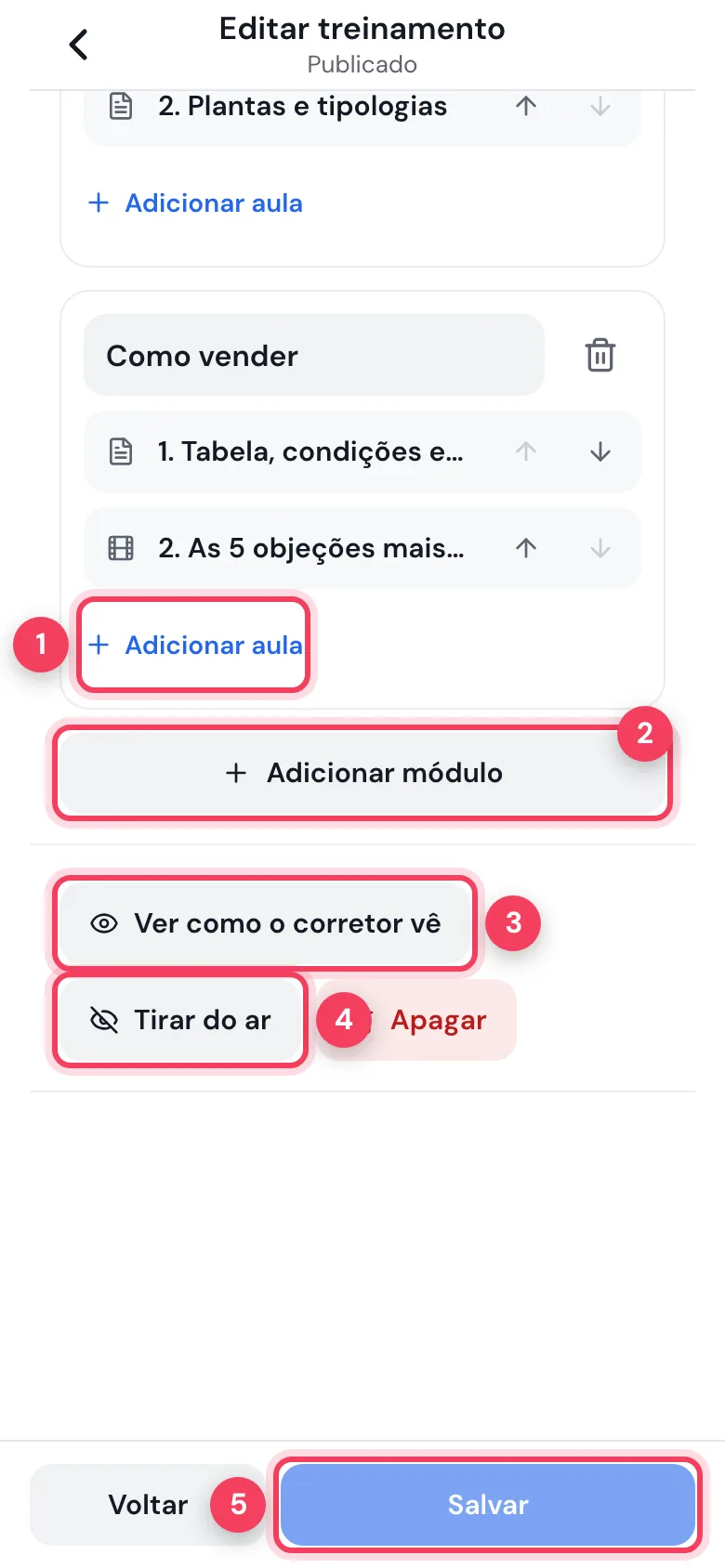 Fim do editor com Adicionar aula, Adicionar módulo, Ver como o corretor vê, Tirar do ar, Apagar e Salvar