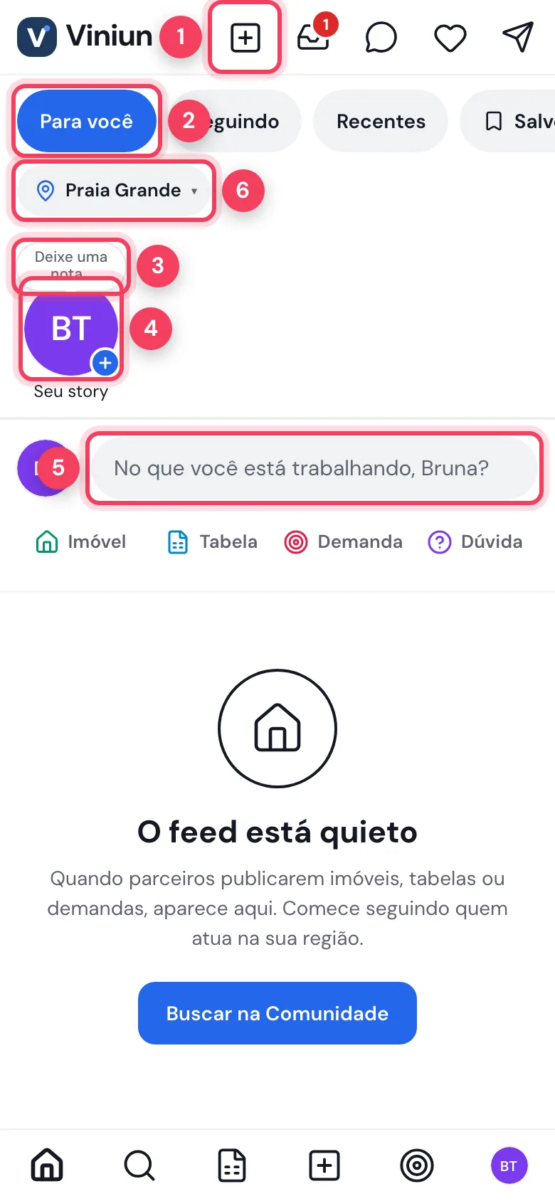 Início da Comunidade Viniun no celular com o botão Criar, as abas do feed, a nota e o story