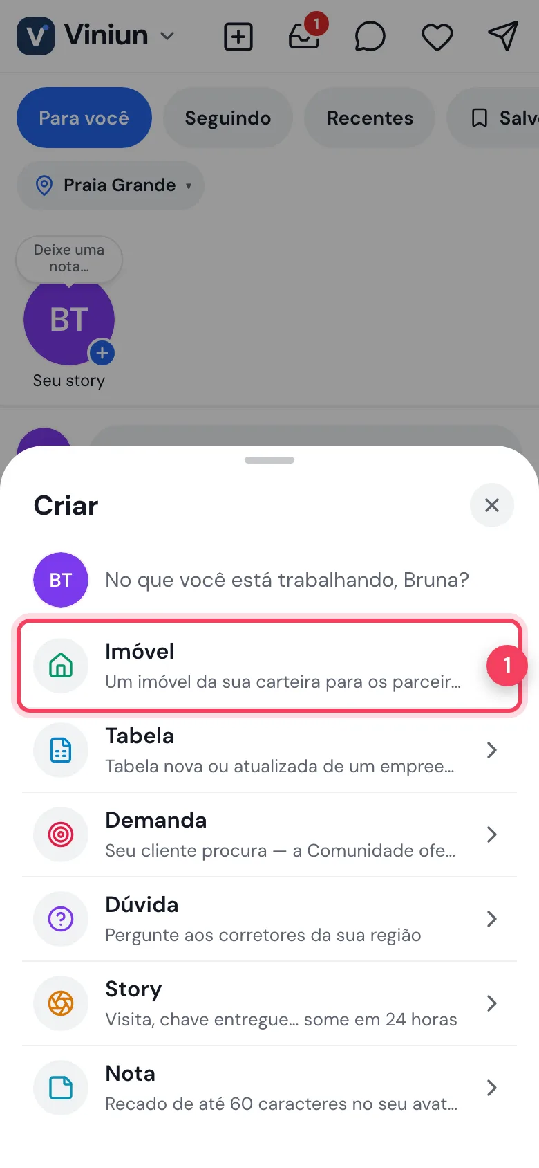 Folha Criar com as opções Imóvel, Tabela, Demanda, Dúvida, Story e Nota