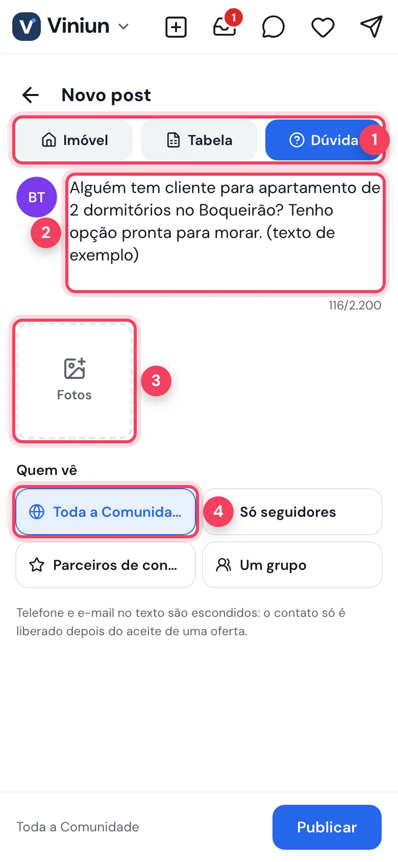 Tela Novo post com o tipo Dúvida, o texto de exemplo, o botão de fotos e as opções de quem vê
