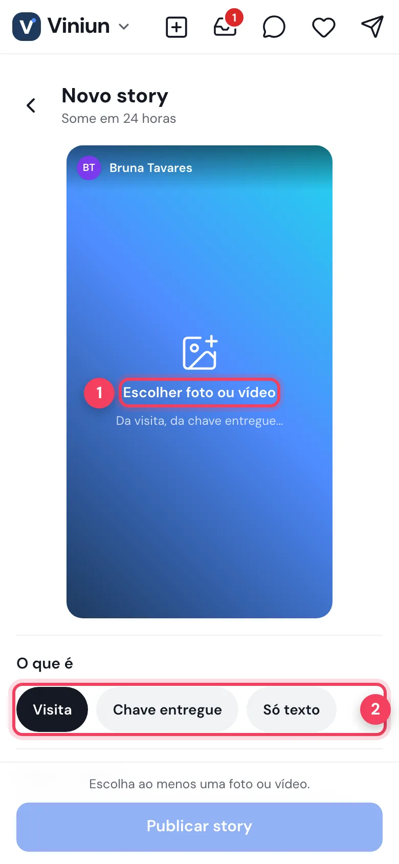 Tela Novo story com o botão Escolher foto ou vídeo e as opções Visita, Chave entregue e Só texto