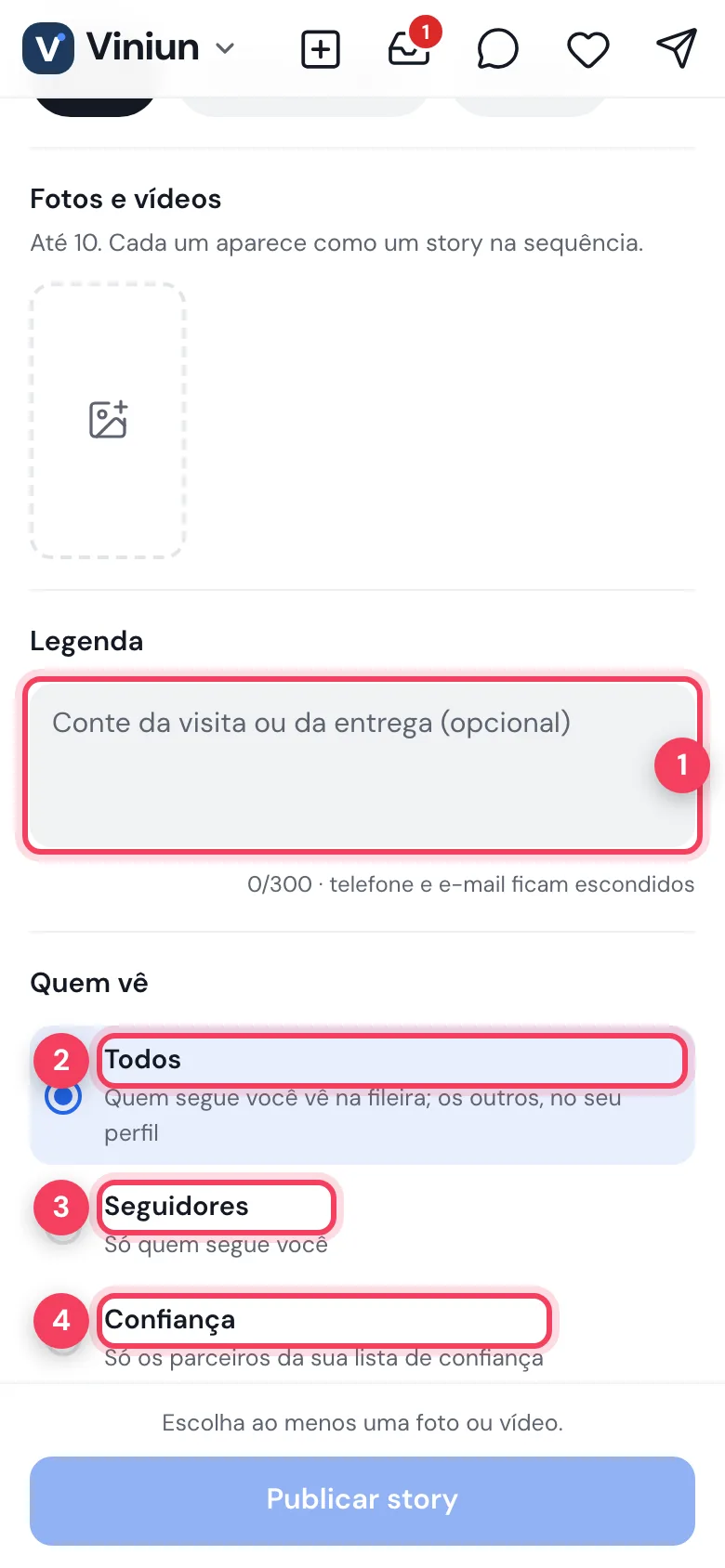 Parte de baixo do novo story com a legenda e as opções Todos, Seguidores e Confiança