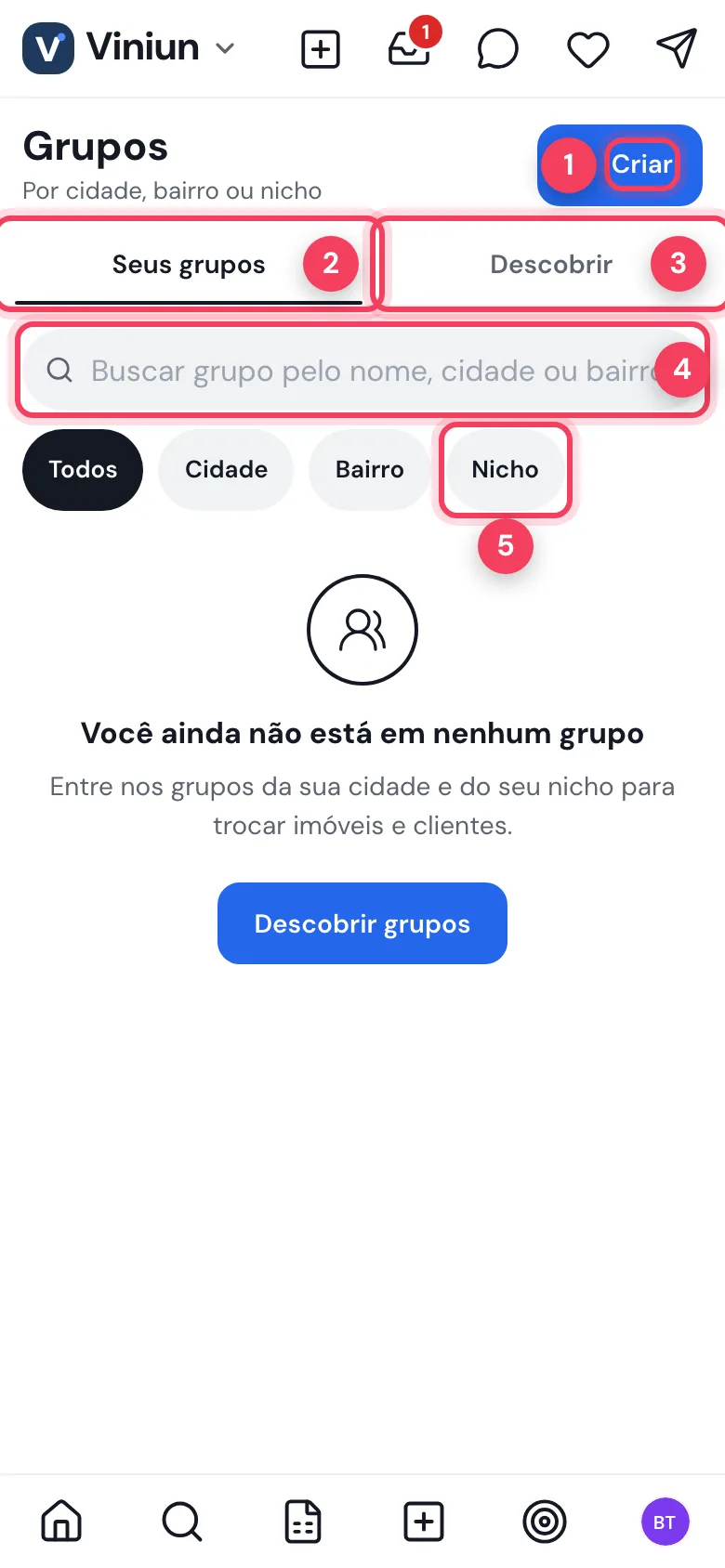 Tela Grupos com o botão Criar, as abas Seus grupos e Descobrir, a busca e os filtros