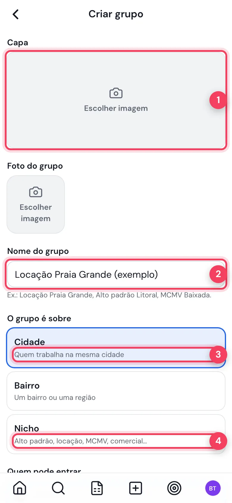 Formulário Criar grupo com capa, nome de exemplo e as opções Cidade, Bairro e Nicho