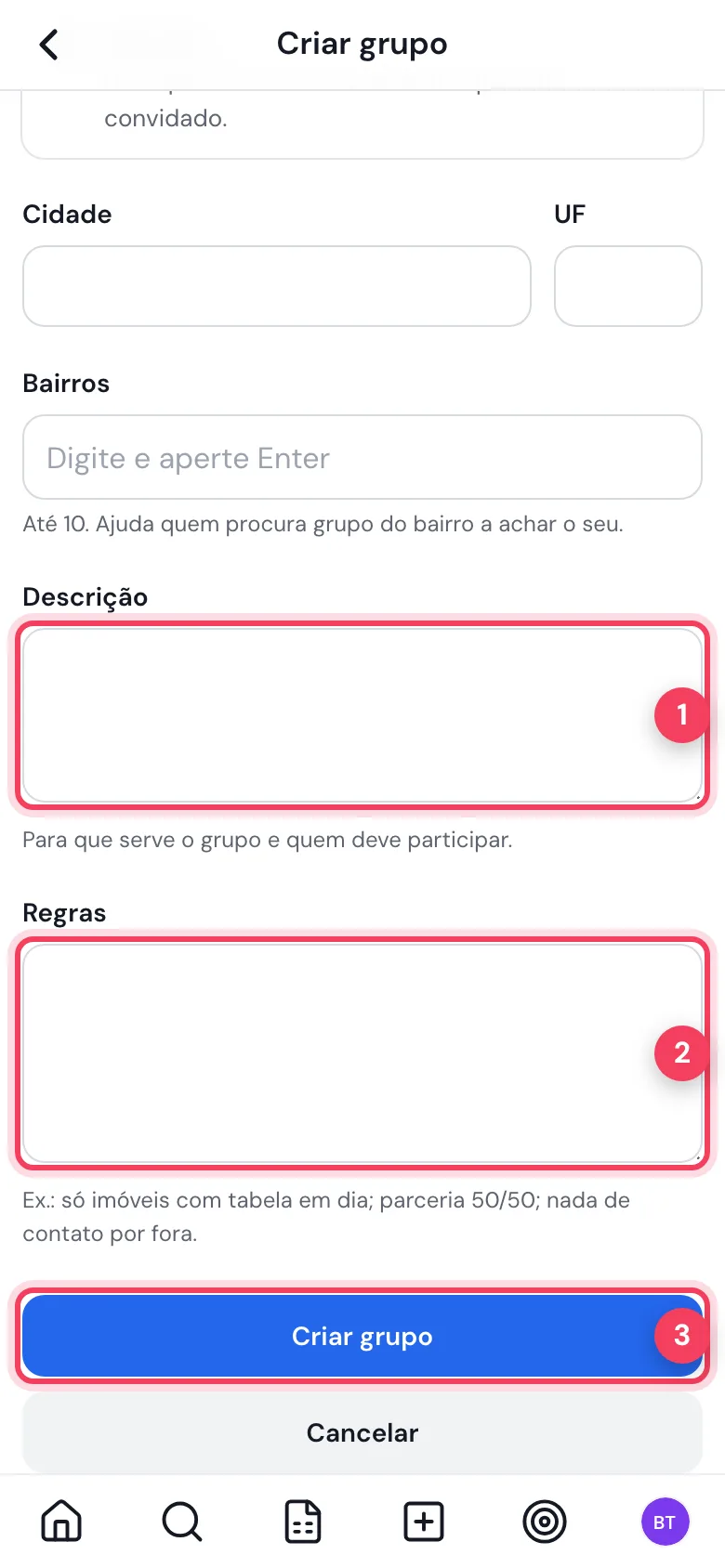 Final do formulário com Descrição, Regras e o botão Criar grupo