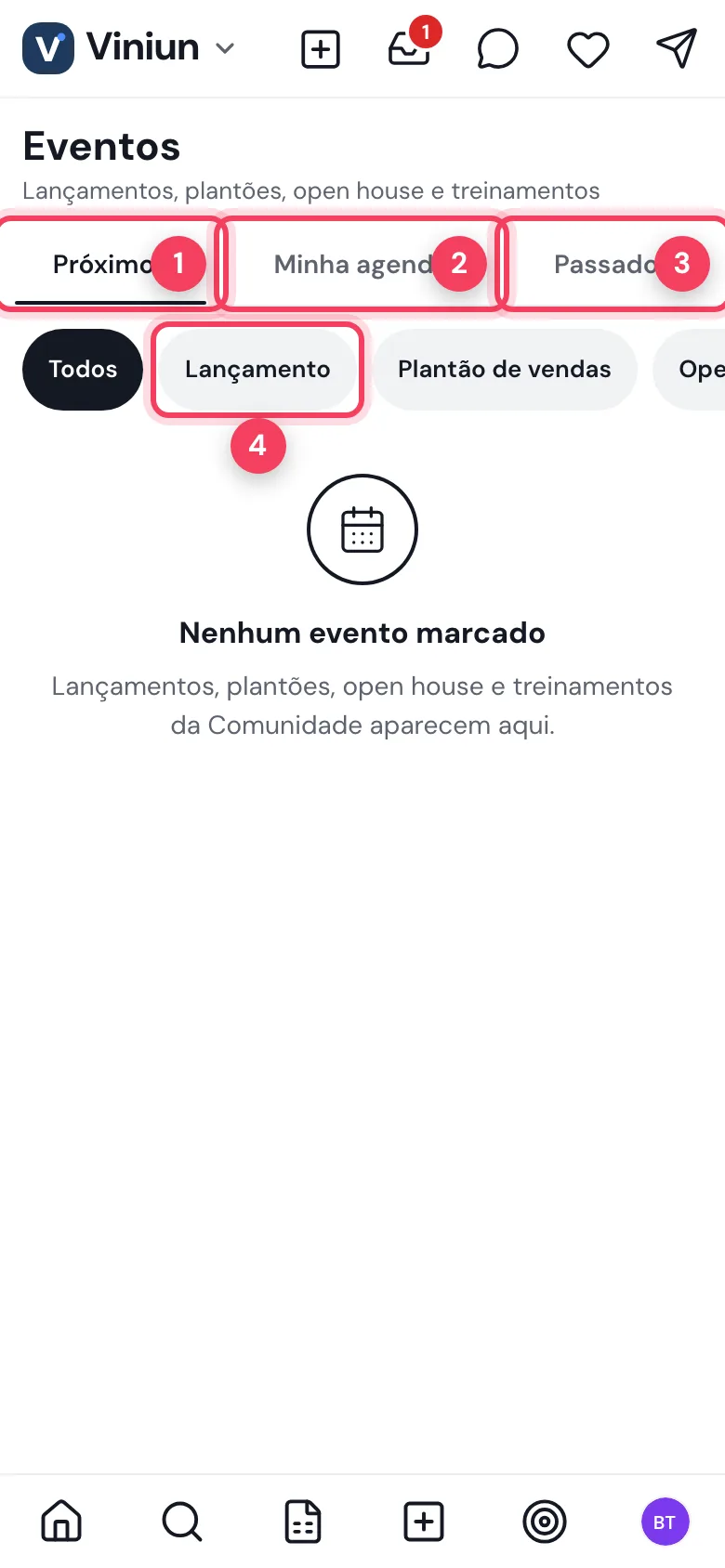 Tela Eventos com as abas Próximos, Minha agenda e Passados e o filtro Lançamento