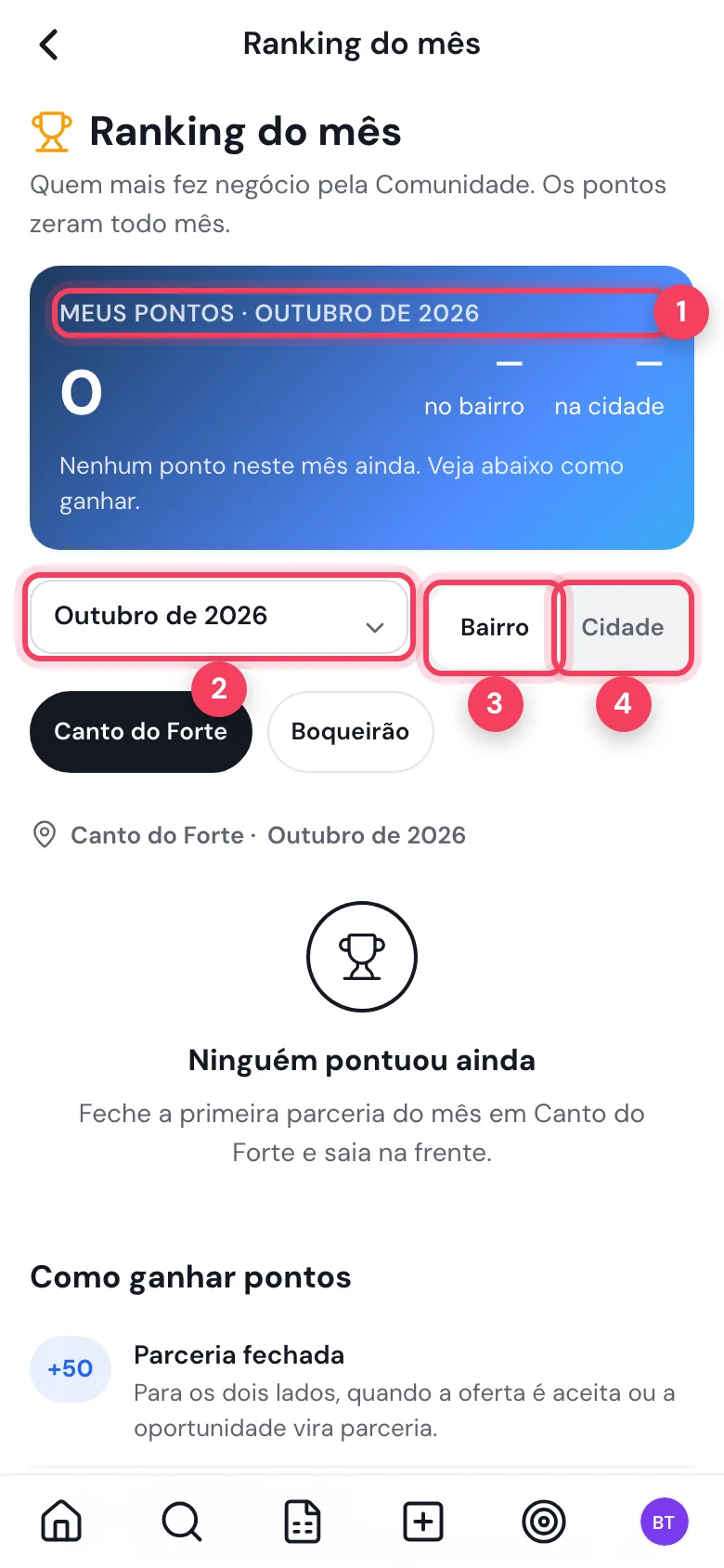 Ranking do mês com Meus pontos, o mês, Bairro e Cidade