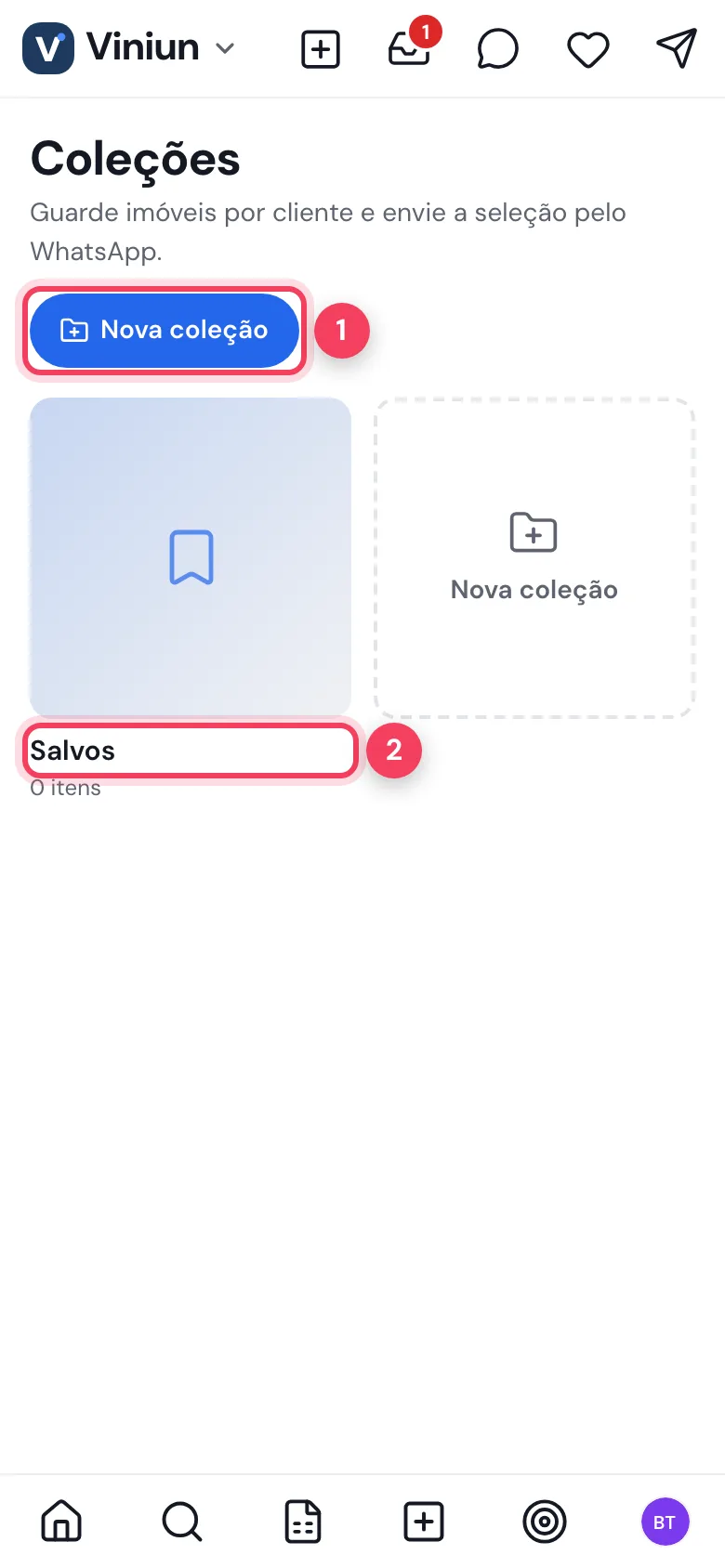 Tela Coleções com o botão Nova coleção e a coleção Salvos