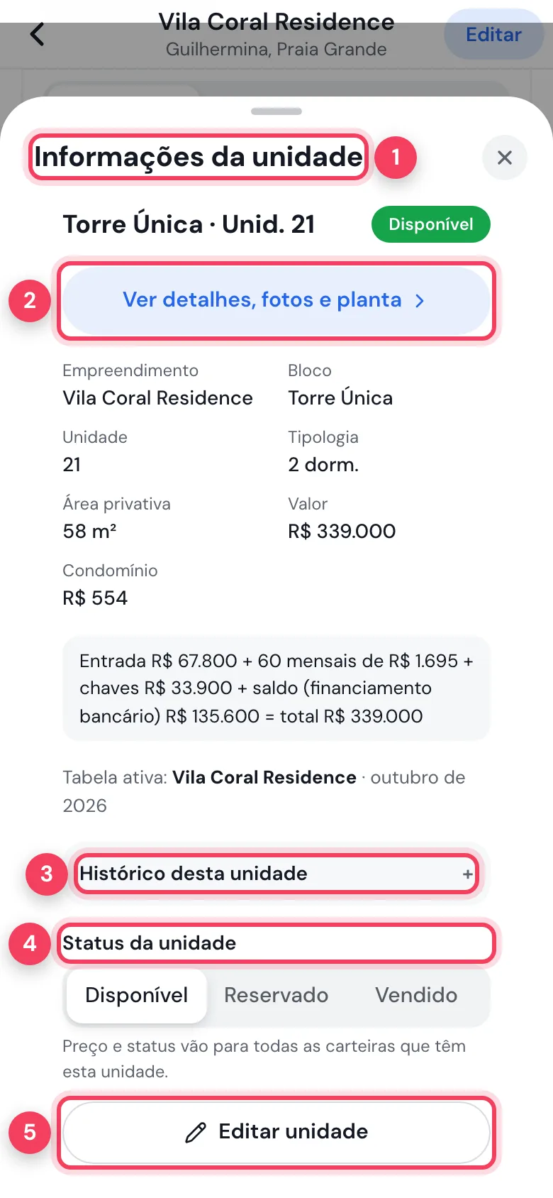 Ficha da unidade no celular