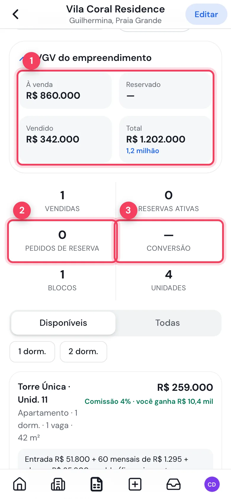 VGV e reservas no celular
