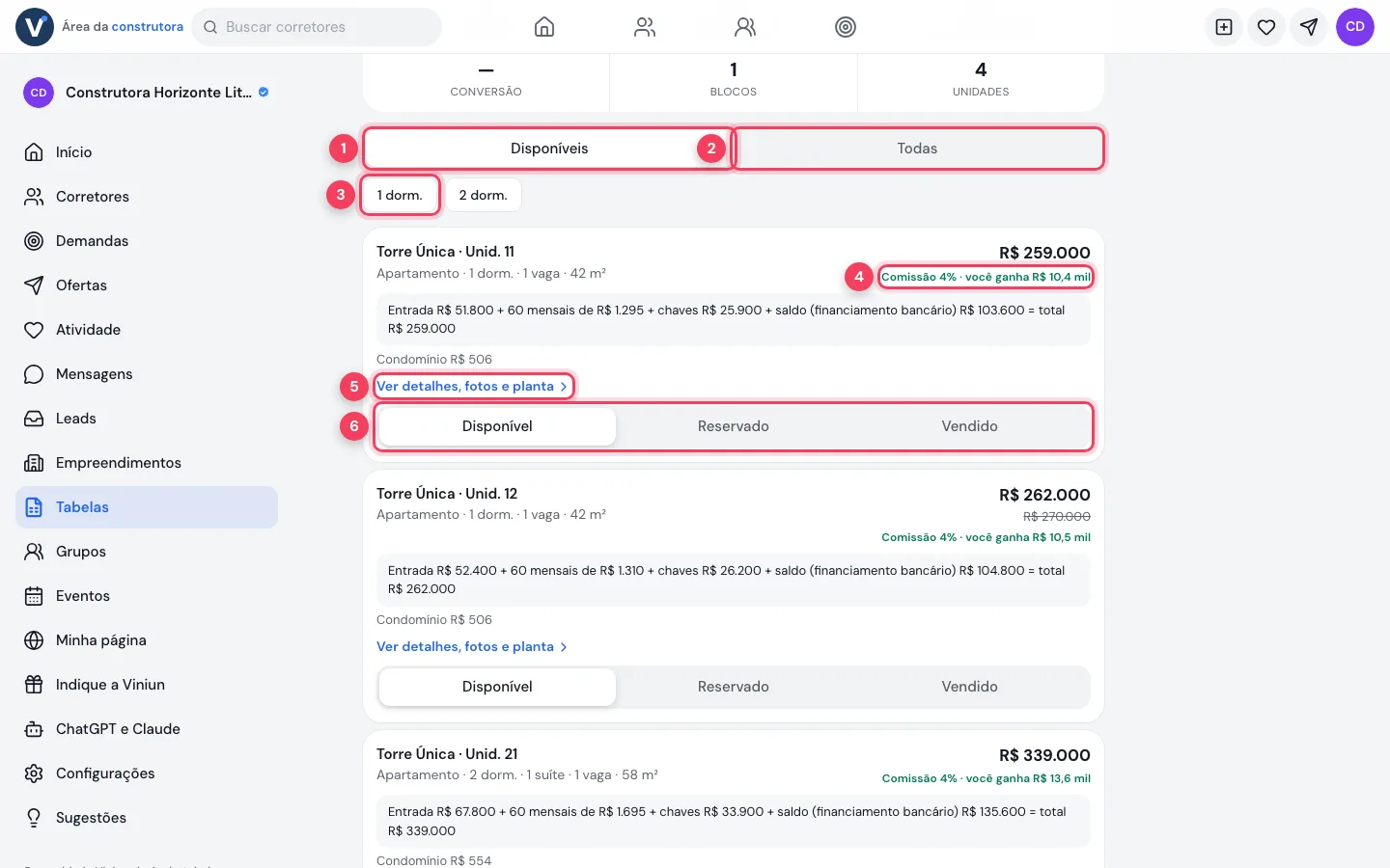 Lista de unidades com filtros e status rápido