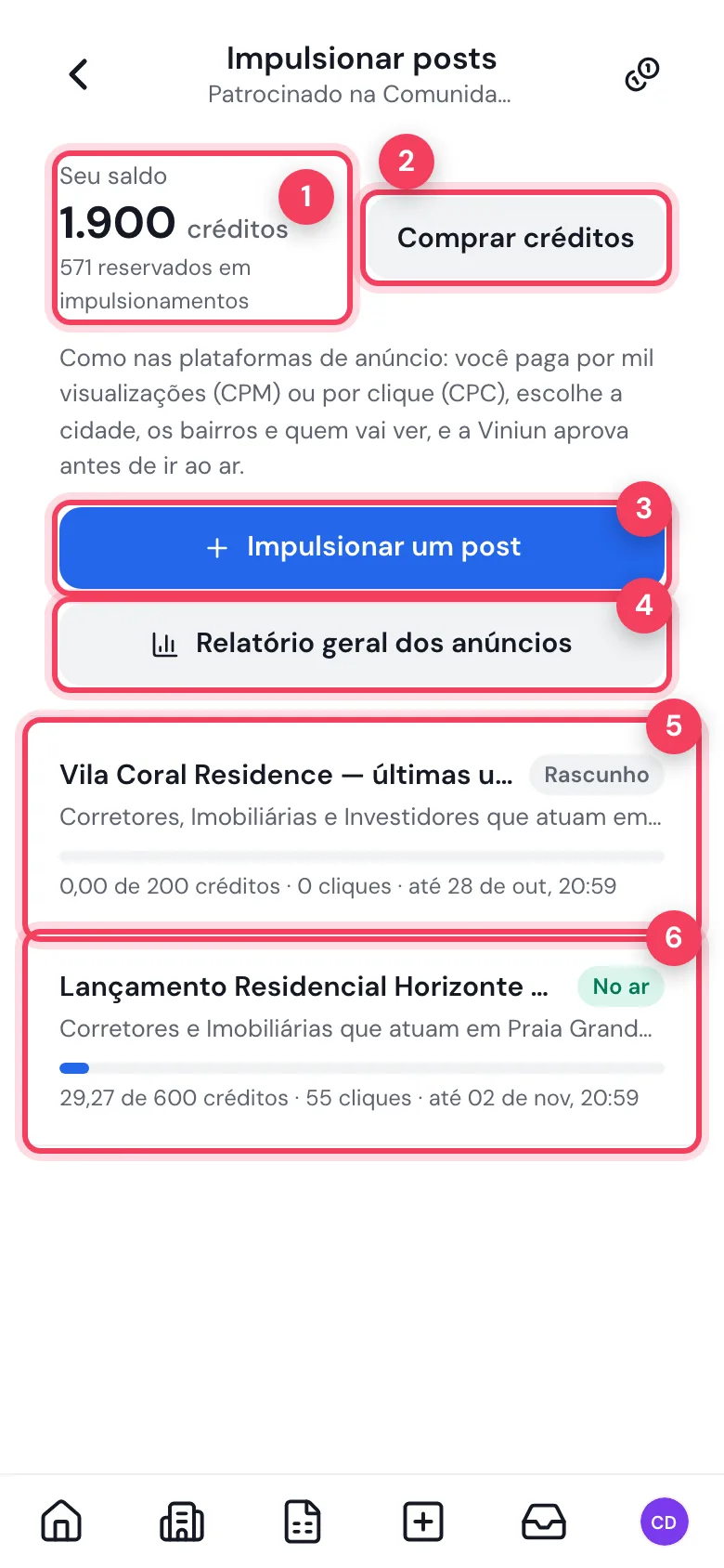 Tela Impulsionar posts com o saldo de créditos, Comprar créditos, Impulsionar um post, Relatório geral e dois anúncios, um rascunho e um no ar