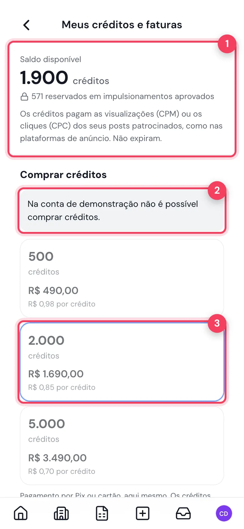Meus créditos e faturas com o saldo, o aviso da demonstração e os pacotes