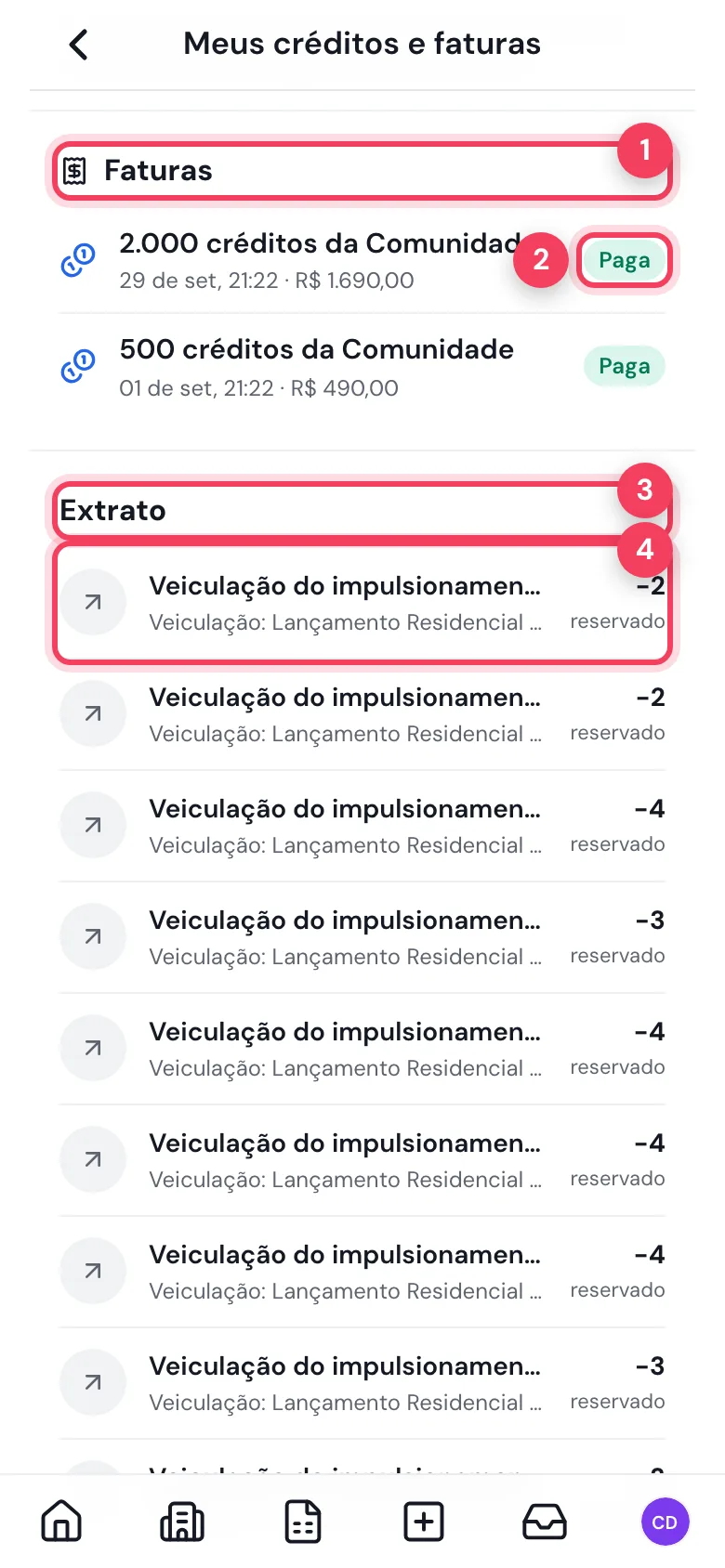 Faturas pagas e o extrato com as veiculações do anúncio