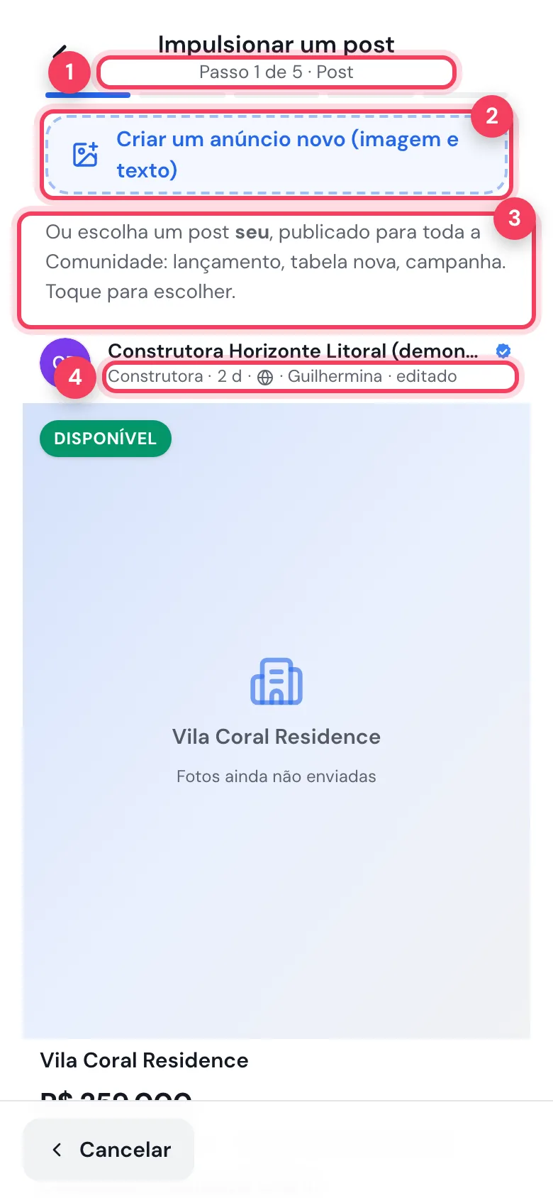 Passo 1 de 5 com Criar um anúncio novo e a lista dos posts da construtora