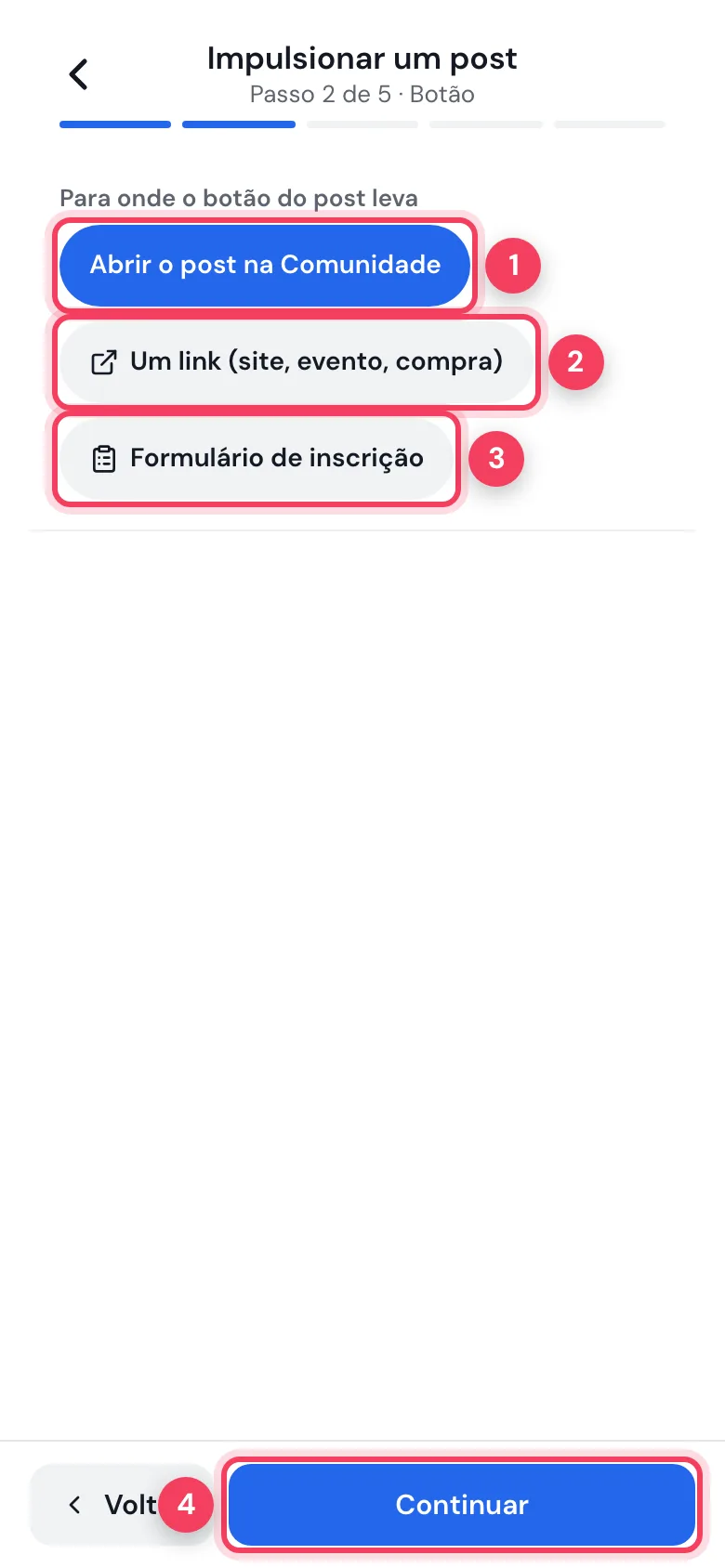 Passo Botão com as opções Abrir o post na Comunidade, Um link e Formulário de inscrição