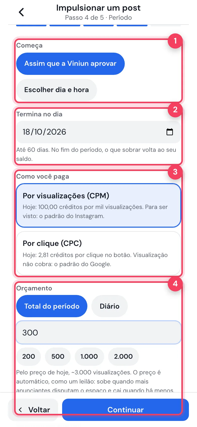 Passo Período com Começa, Termina no dia, Como você paga e Orçamento