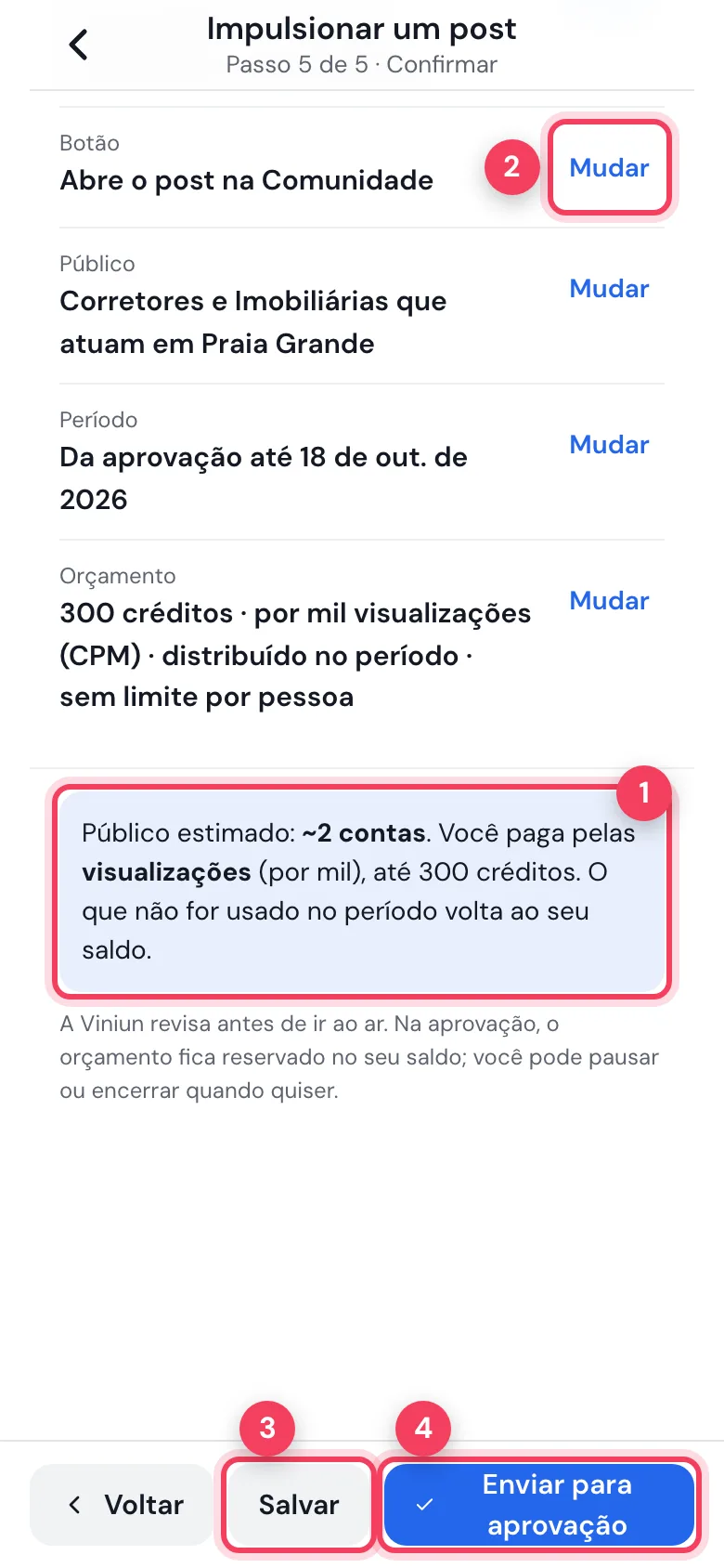 Passo Confirmar com o resumo, o público estimado e os botões Salvar e Enviar para aprovação