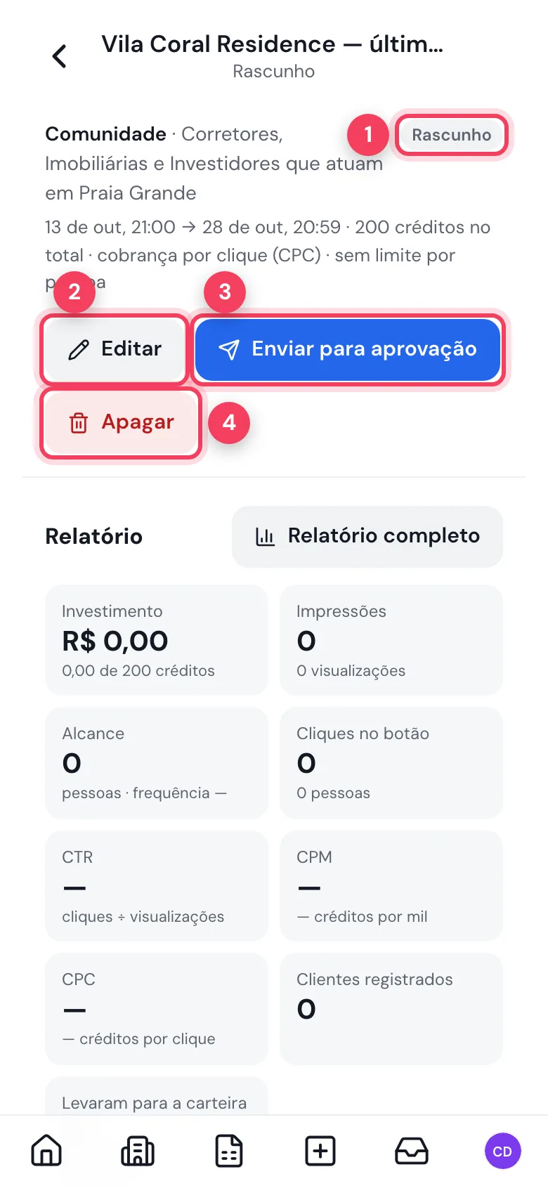 Anúncio em rascunho com Editar, Enviar para aprovação e Apagar