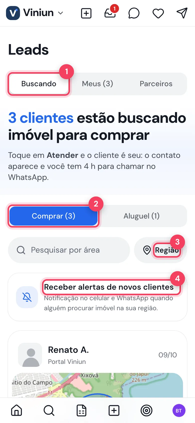 Aba Leads no celular com Buscando, Comprar, Região e o alerta de novos clientes