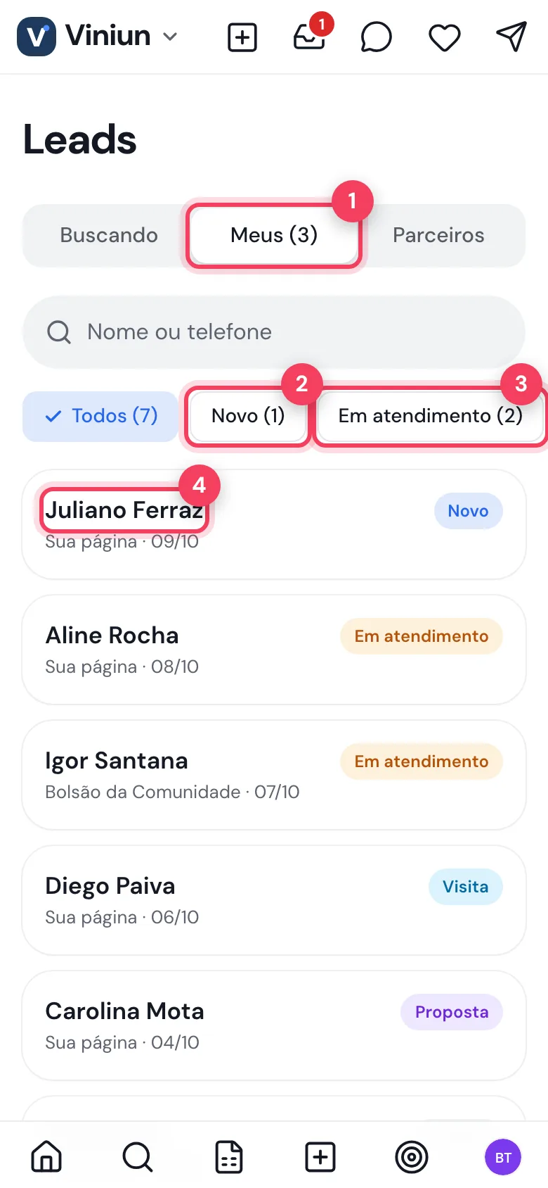 Aba Meus leads no celular com filtros por etapa e lista de leads