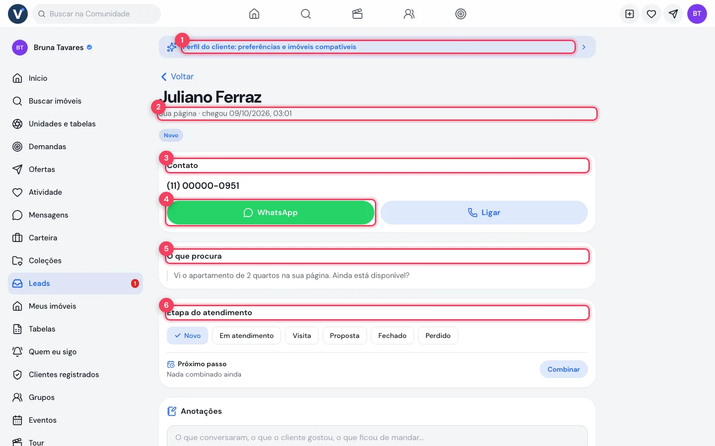 Ficha do lead no computador com contato, WhatsApp, o que procura e etapa do atendimento