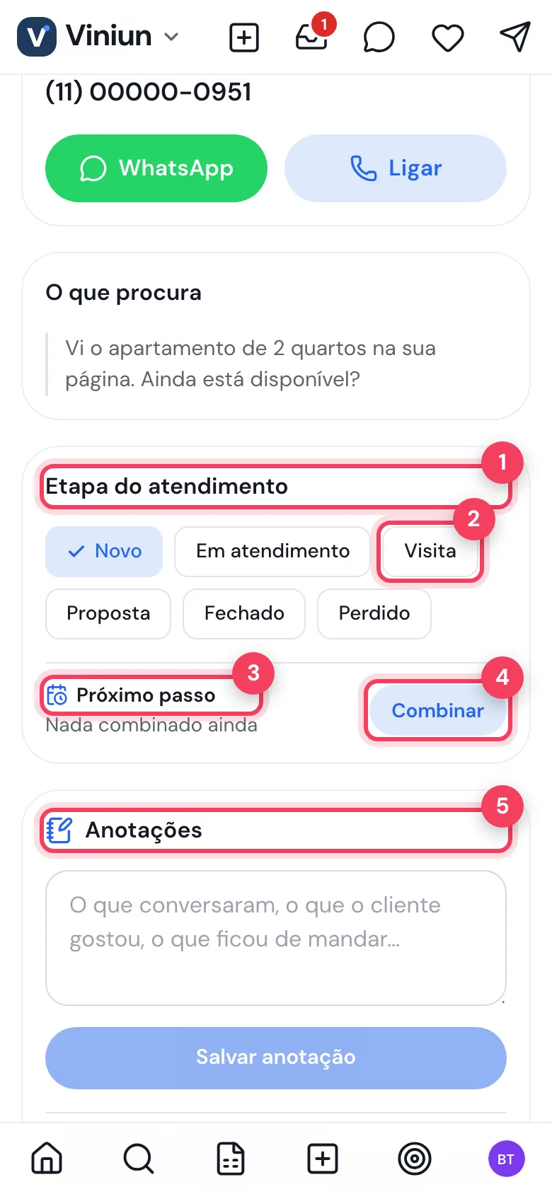 Ficha do lead no celular com etapas, próximo passo e anotações