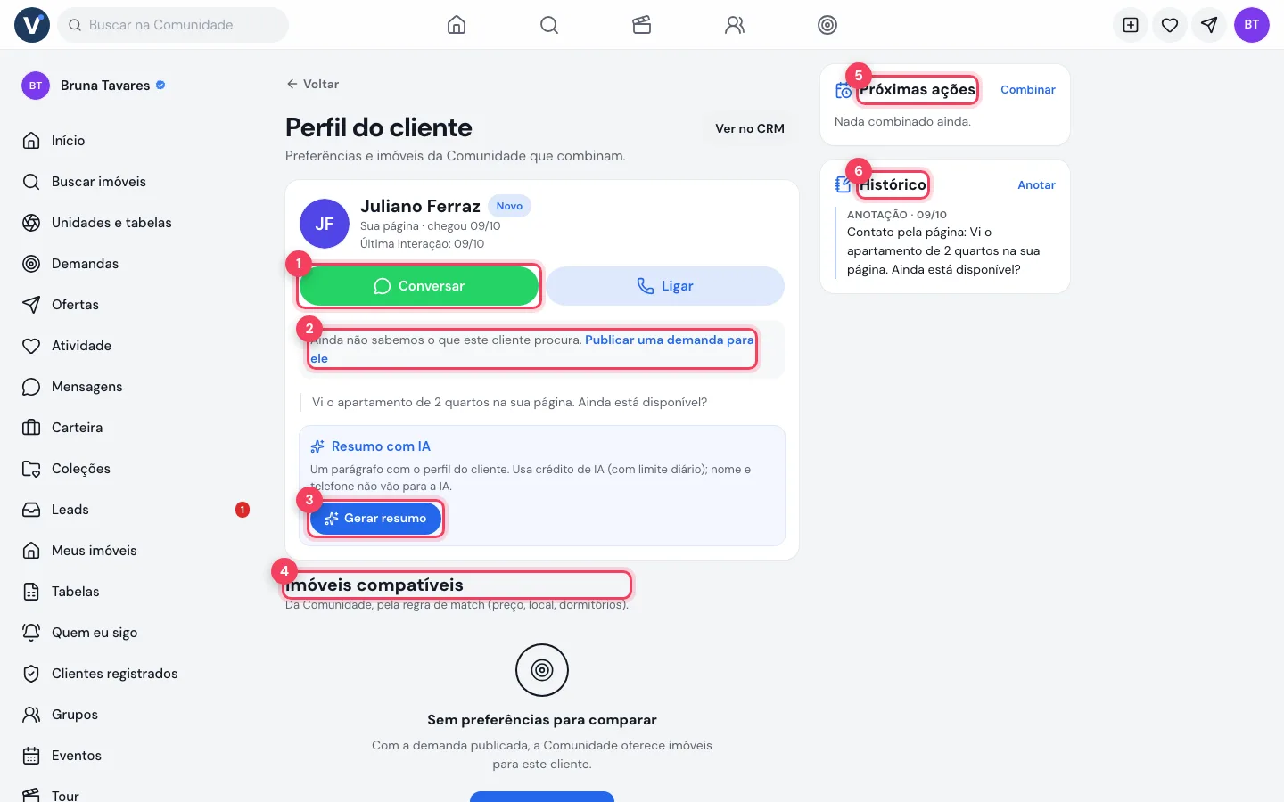Perfil do cliente com Conversar, publicar demanda, resumo com IA e imóveis compatíveis