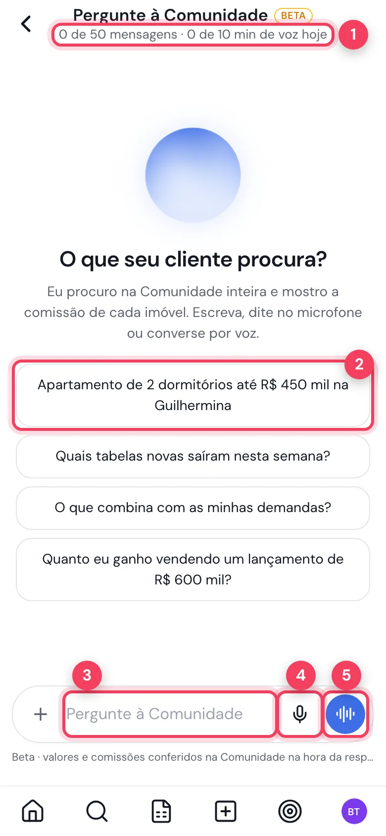 Pergunte à Comunidade no celular com o contador, as sugestões e a barra de pergunta com microfone e voz