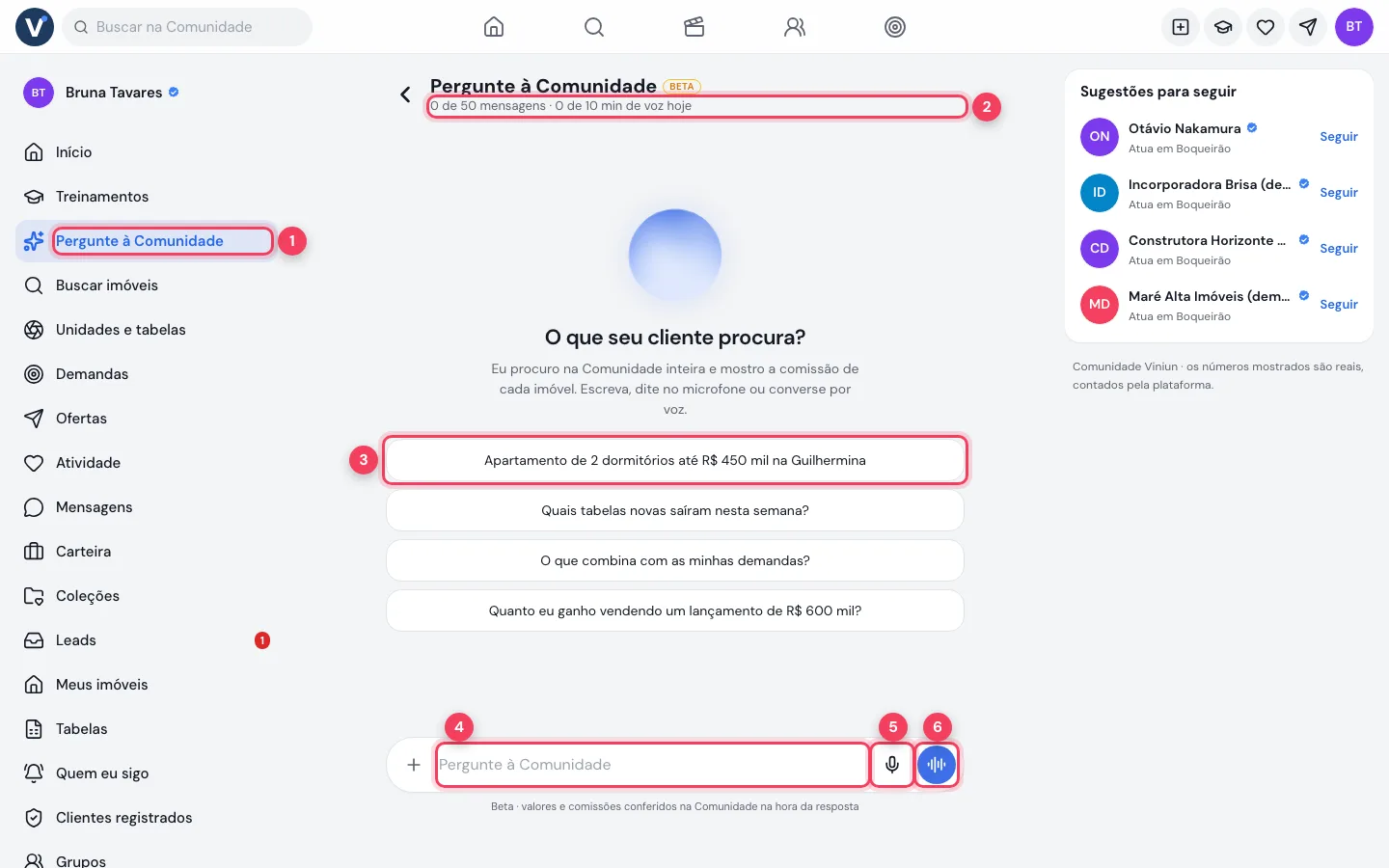 Pergunte à Comunidade no computador com o item do menu, o contador do dia, as sugestões e a caixa de pergunta