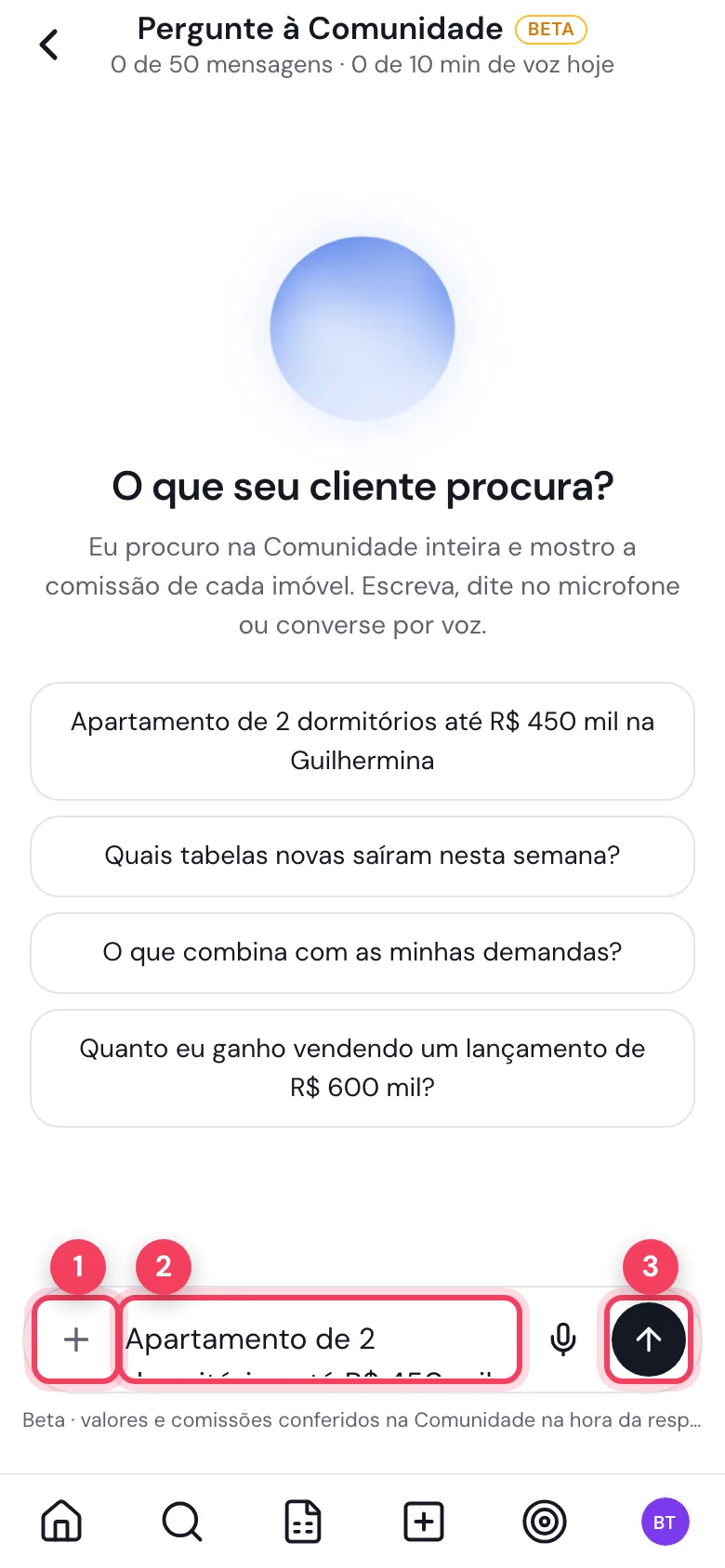 Caixa de pergunta preenchida com a sugestão e o botão Enviar