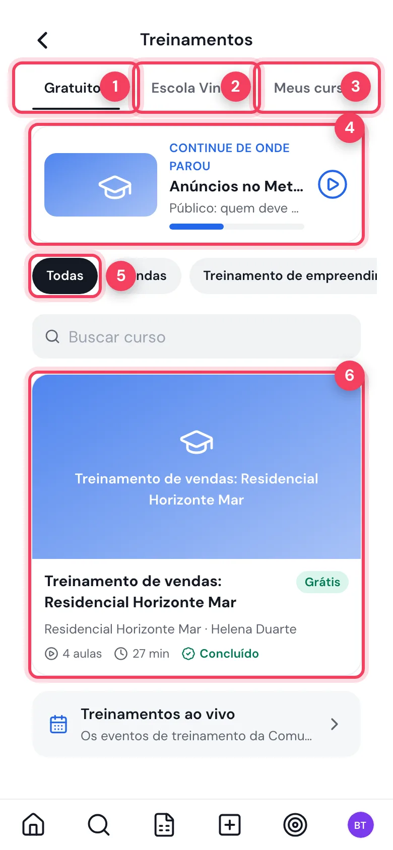 Tela Treinamentos no celular com as abas Gratuitos, Escola Viniun e Meus cursos, o cartão Continue de onde parou e um treinamento concluído