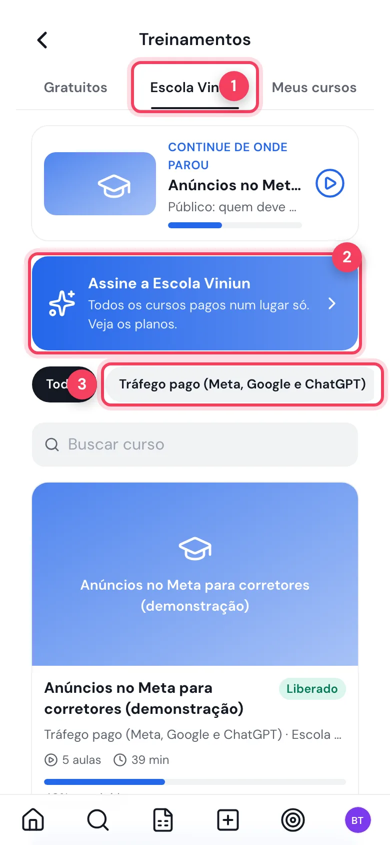 Aba Escola Viniun com o convite Assine a Escola Viniun e a categoria Tráfego pago