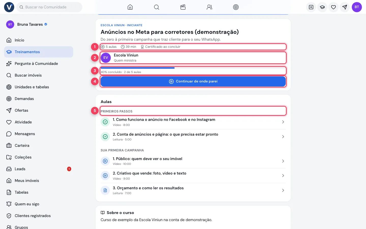 Página do curso no computador com progresso e lista de aulas