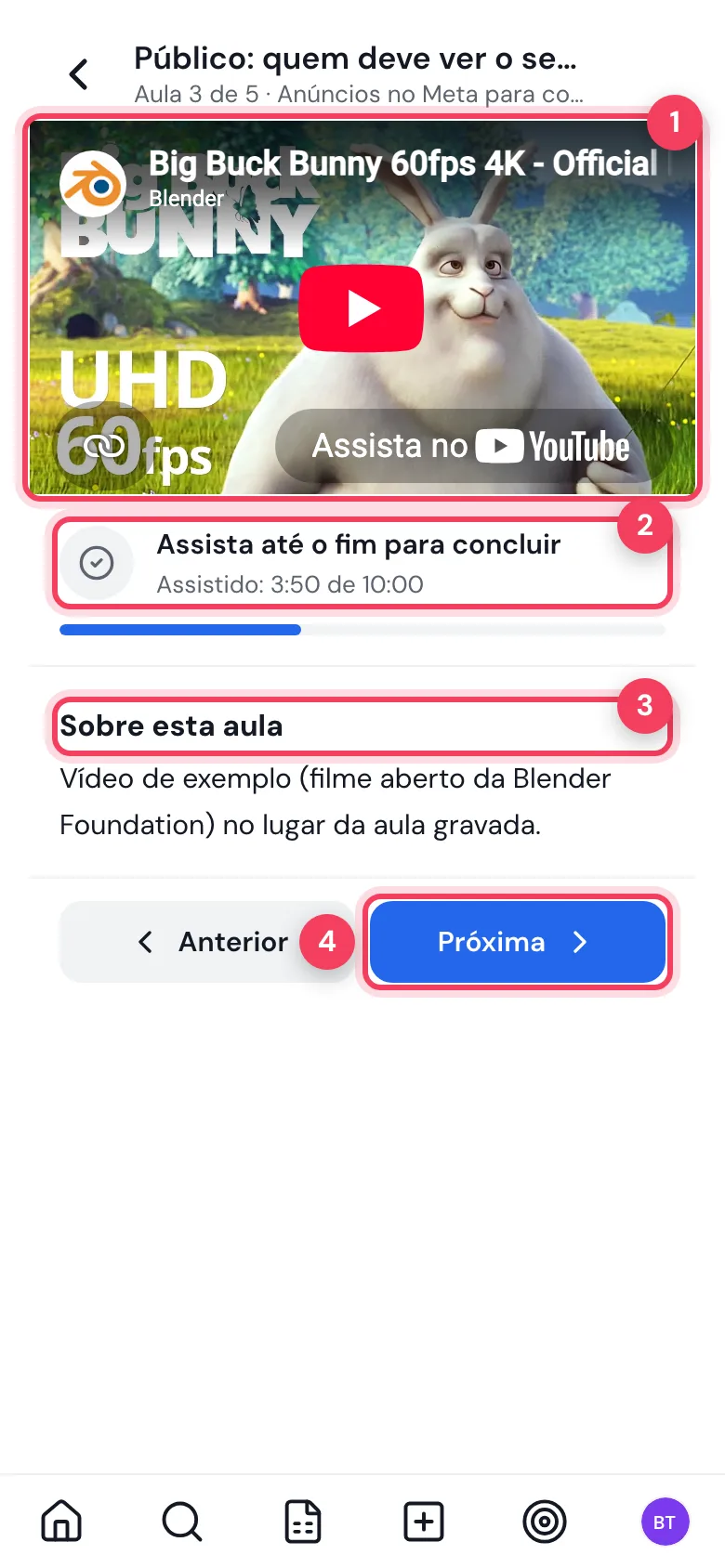 Aula em vídeo com o player, o aviso Assista até o fim para concluir com 3:50 de 10:00 e os botões Anterior e Próxima