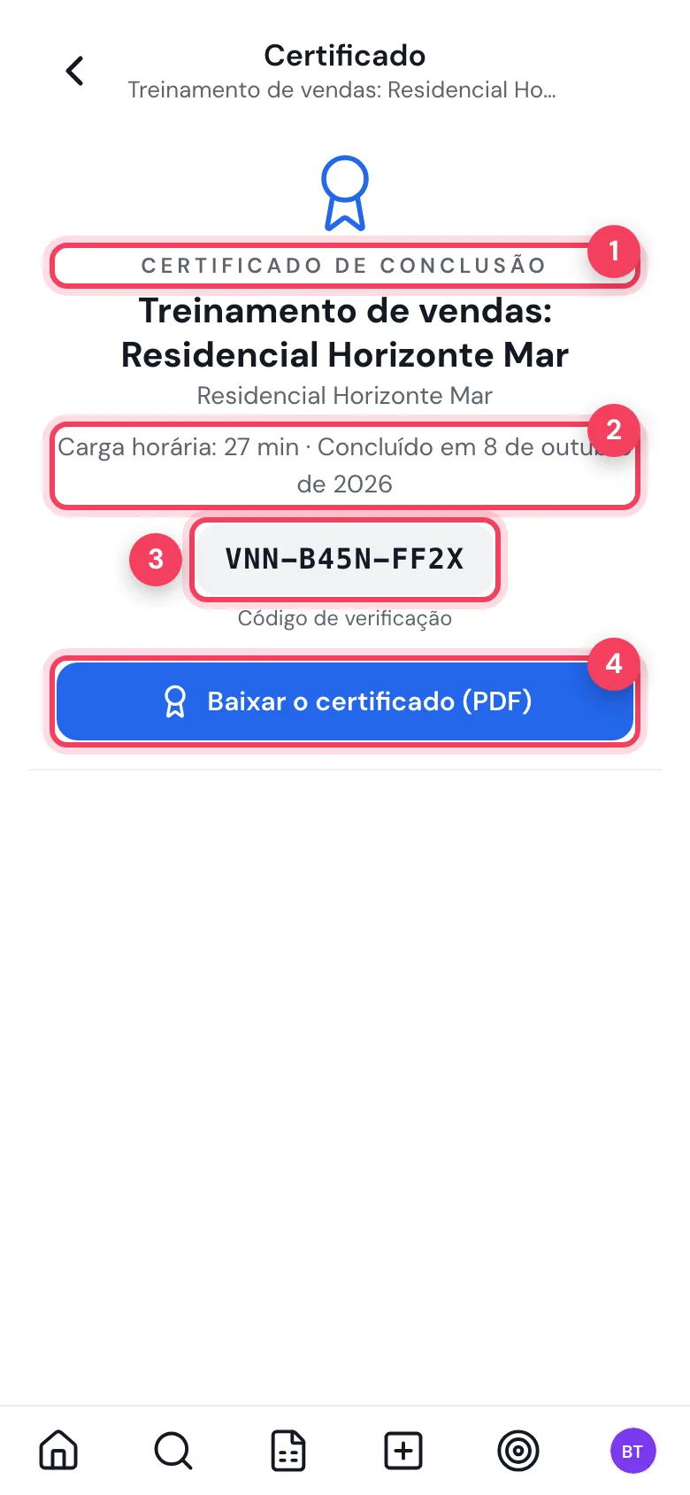 Certificado de conclusão com o nome do curso, a carga horária, a data, o código de verificação e o botão Baixar o certificado (PDF)