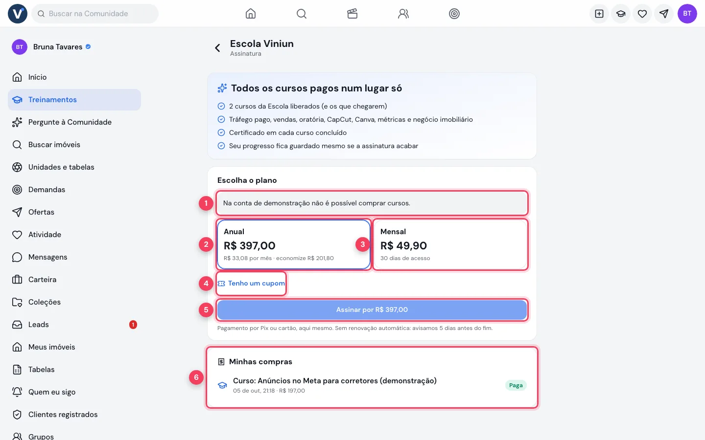 Tela da assinatura da Escola Viniun no computador