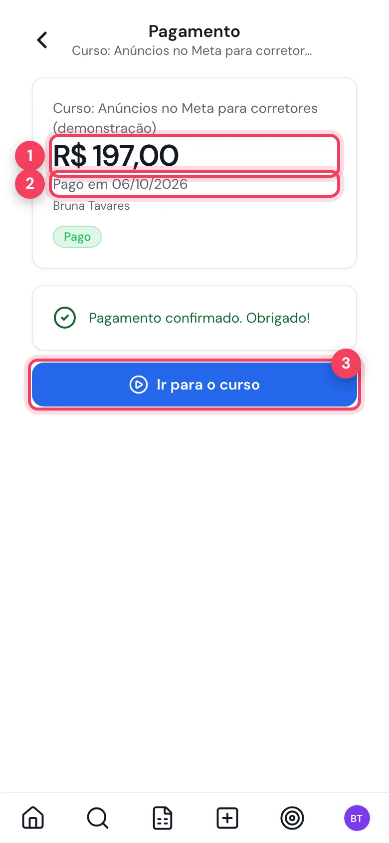 Tela de pagamento de uma compra paga com o valor, a data do pagamento e o botão Ir para o curso