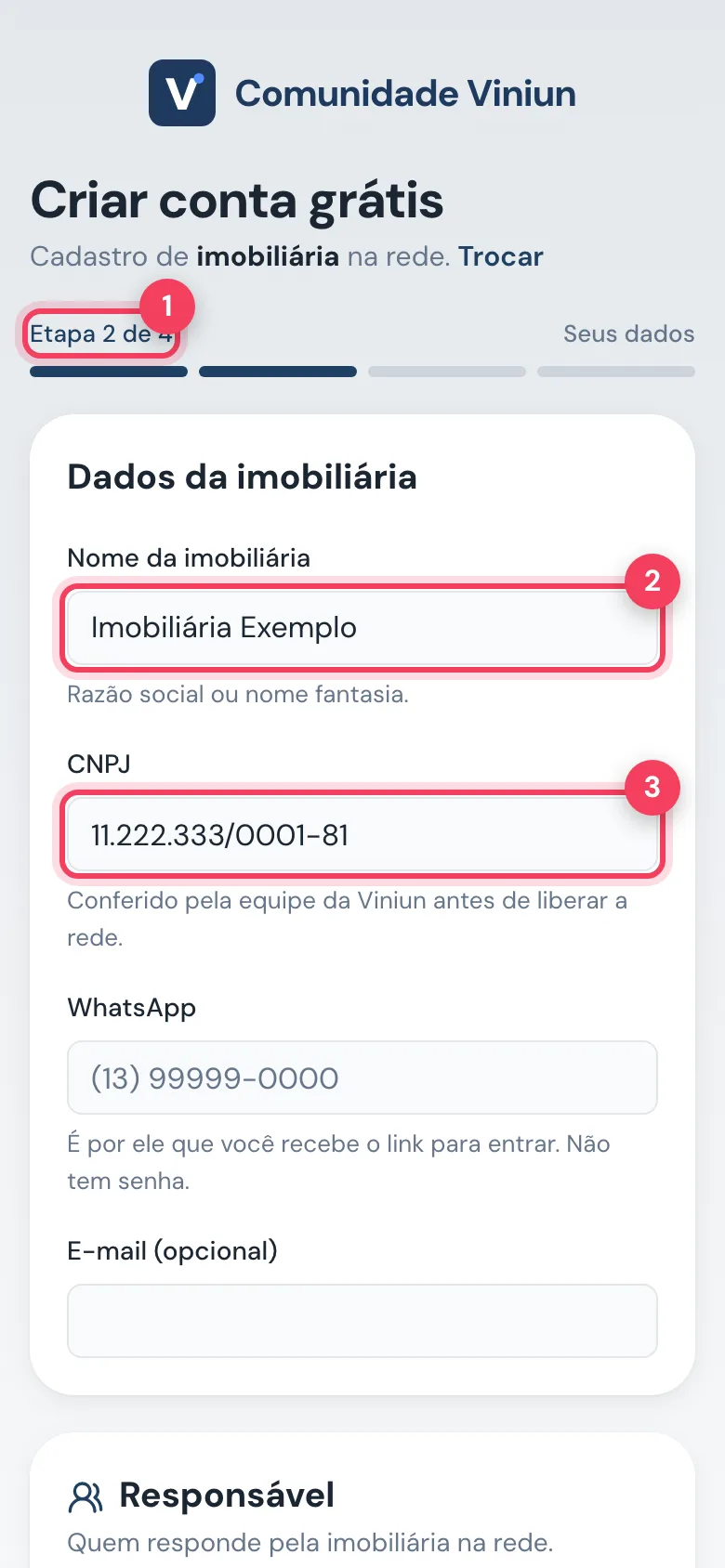 Cadastro de imobiliária na Comunidade com nome e CNPJ preenchidos
