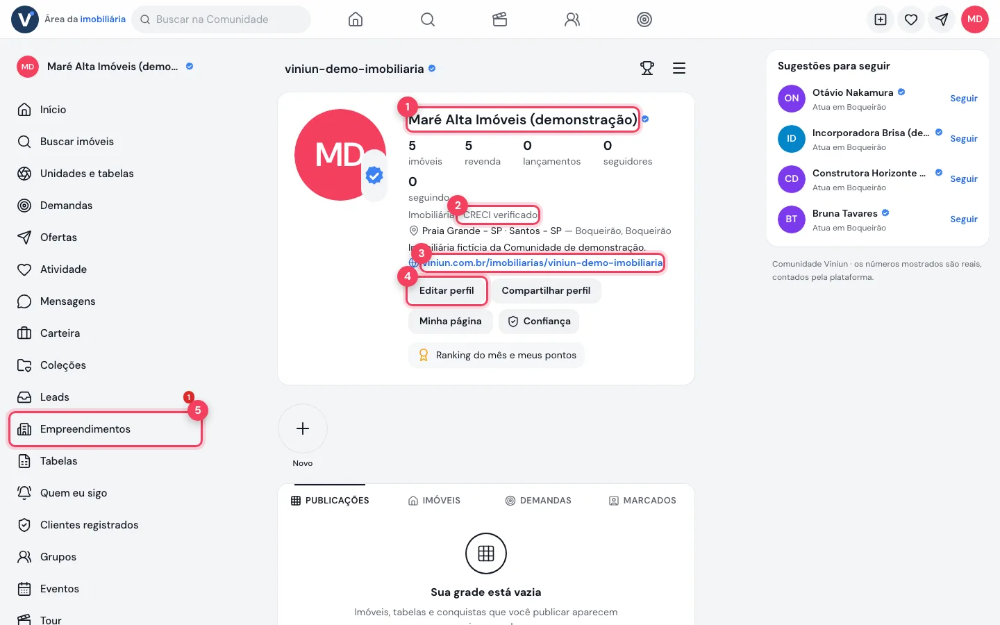 Perfil da imobiliária na Comunidade com selo de CRECI verificado e item Empreendimentos no menu