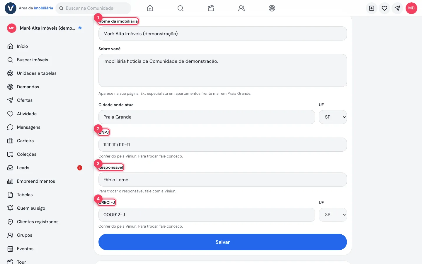 Configurações da imobiliária com nome, CNPJ, responsável e CRECI-J